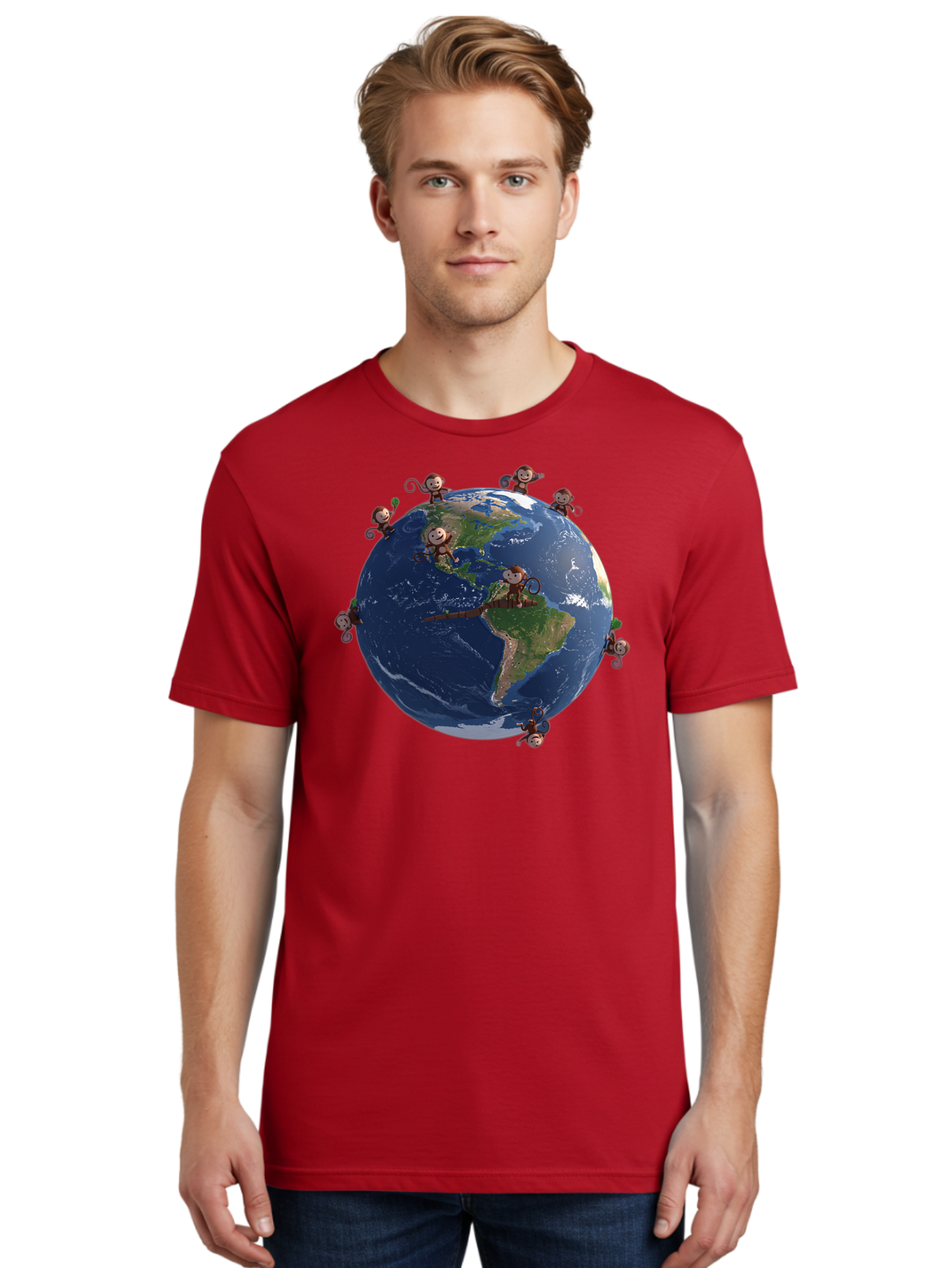 Monkeys-Around-The-World Men'S Graphic Tee, 100% Cotton, Comfortable Casual Summer Wear, Machine Washable, Monkeys On The Globe, Playful Primates, World Map, International Fun, Cartoon Characters, Global Unity, Amusing Scene, Monkey Business Bab017