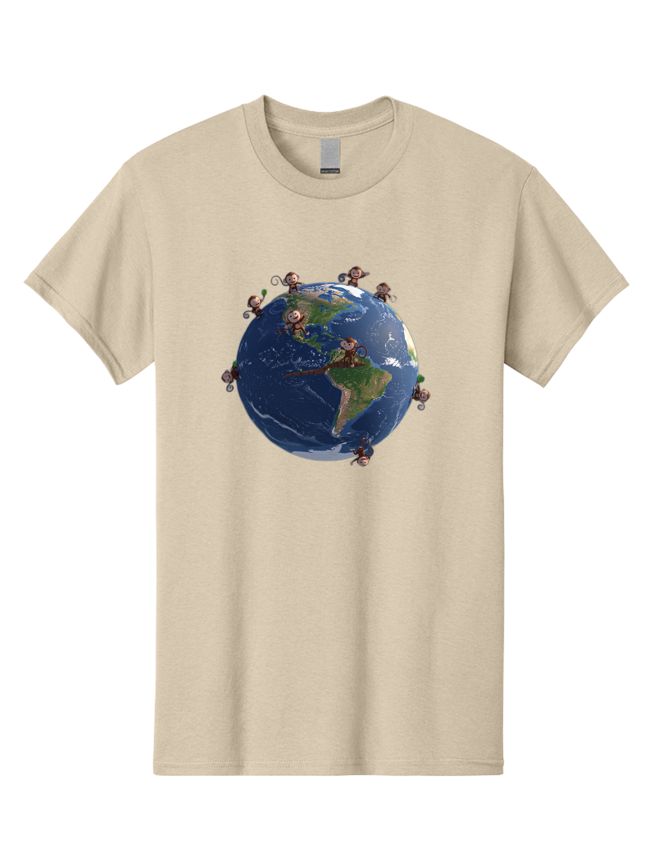 Monkeys-Around-The-World Men'S Graphic Tee, 100% Cotton, Comfortable Casual Summer Wear, Machine Washable, Monkeys On The Globe, Playful Primates, World Map, International Fun, Cartoon Characters, Global Unity, Amusing Scene, Monkey Business Bab017
