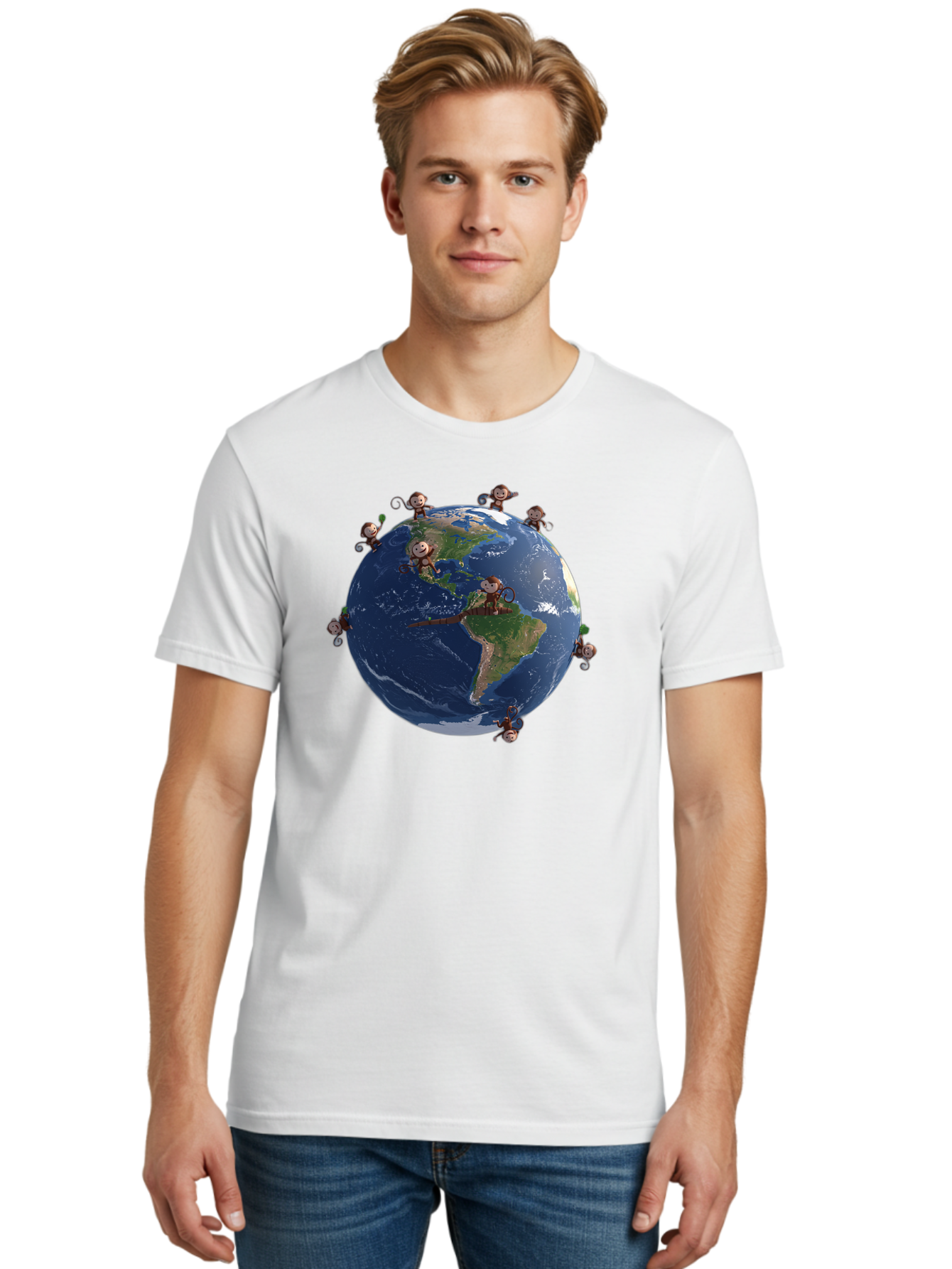 Monkeys-Around-The-World Men'S Graphic Tee, 100% Cotton, Comfortable Casual Summer Wear, Machine Washable, Monkeys On The Globe, Playful Primates, World Map, International Fun, Cartoon Characters, Global Unity, Amusing Scene, Monkey Business Bab017