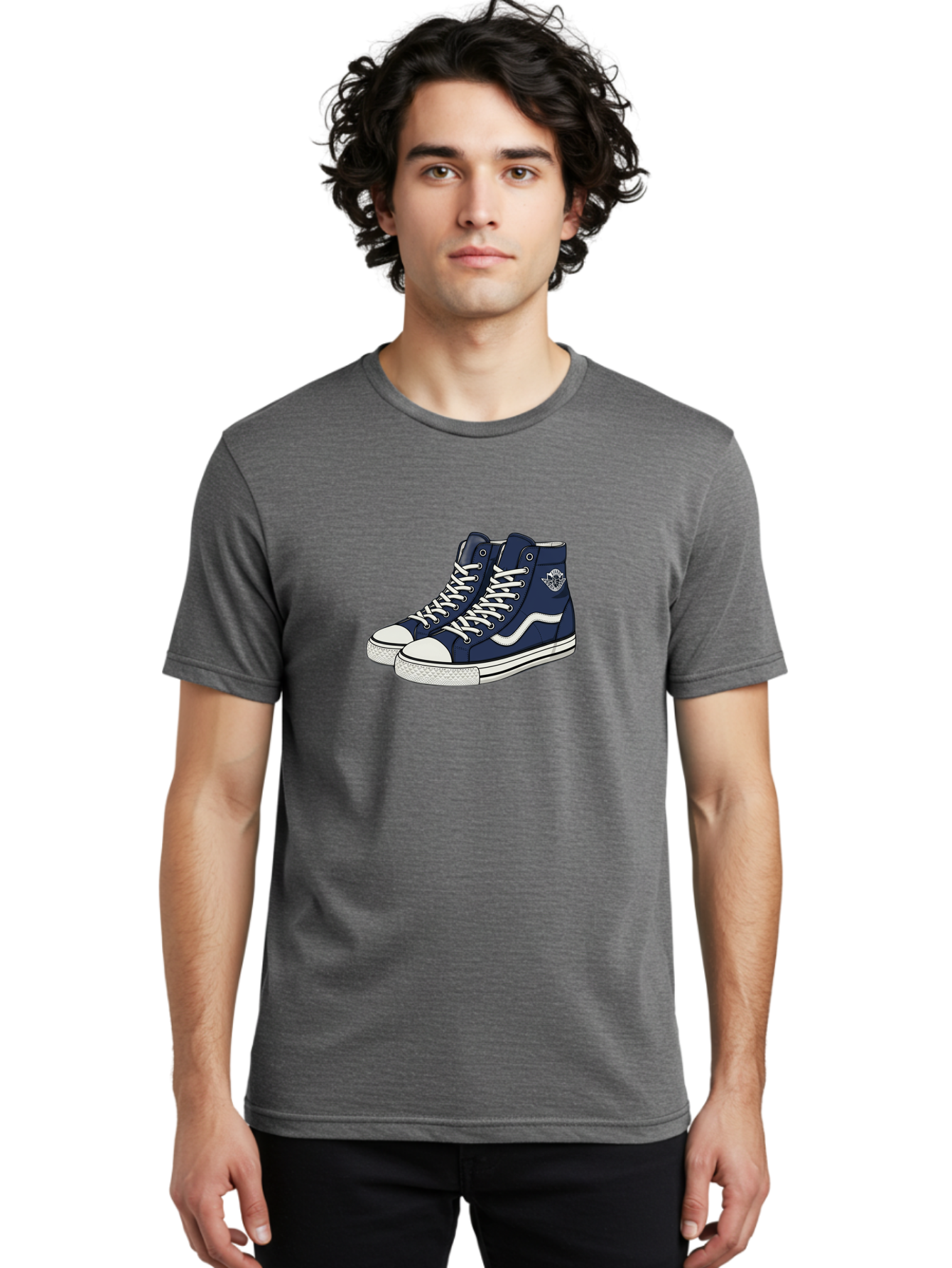 Navy-Blue-High-Top-Sneakers Men'S Graphic Tee, 100% Cotton, Comfortable Casual Summer Wear, Machine Washable, Navy Blue Sneakers, High-Top Shoes, White Laces, White Soles, Athletic Footwear, Casual Wear, Sports Shoes, Comfortable Shoes, Bab027