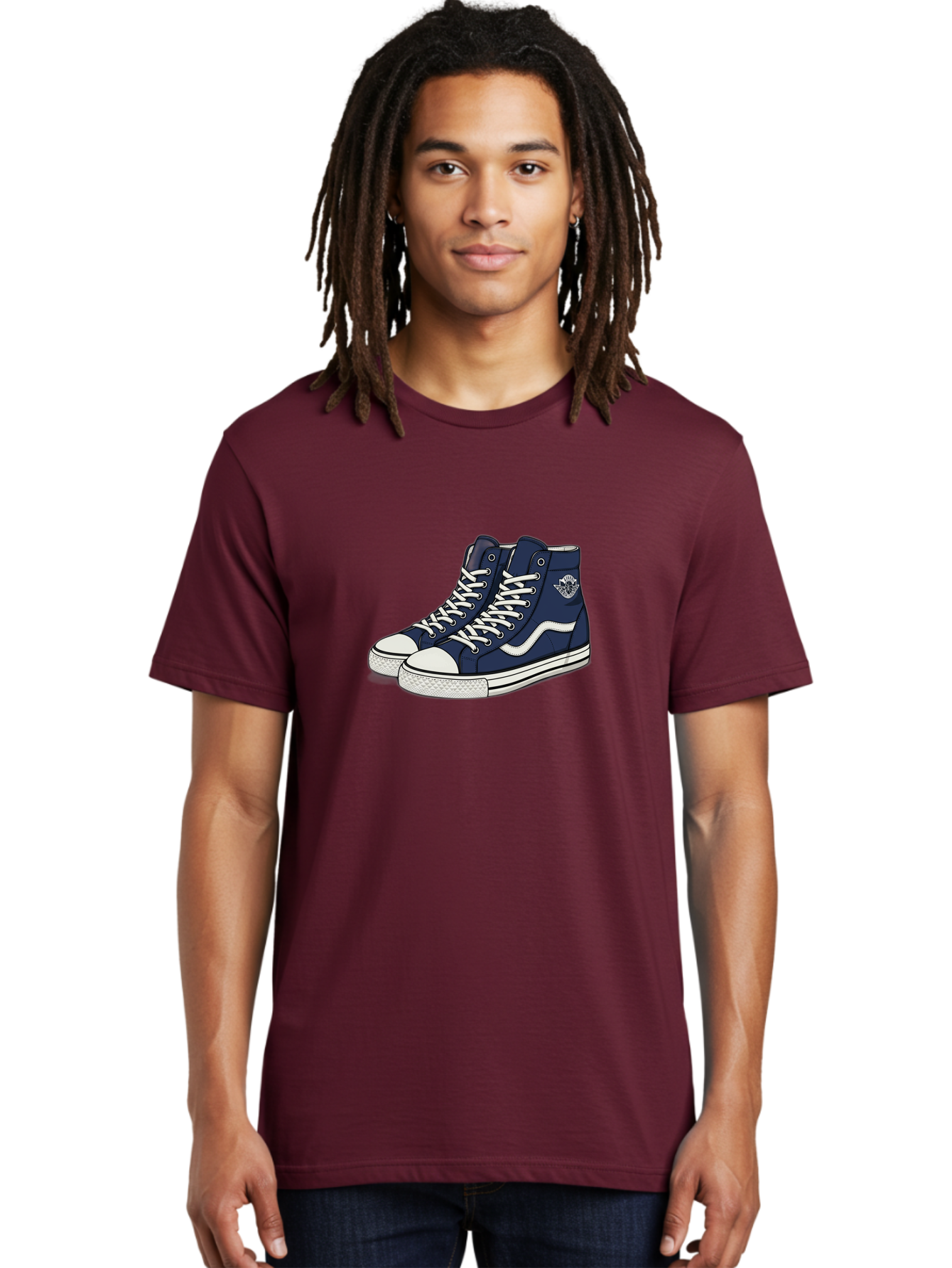 Navy-Blue-High-Top-Sneakers Men'S Graphic Tee, 100% Cotton, Comfortable Casual Summer Wear, Machine Washable, Navy Blue Sneakers, High-Top Shoes, White Laces, White Soles, Athletic Footwear, Casual Wear, Sports Shoes, Comfortable Shoes, Bab027