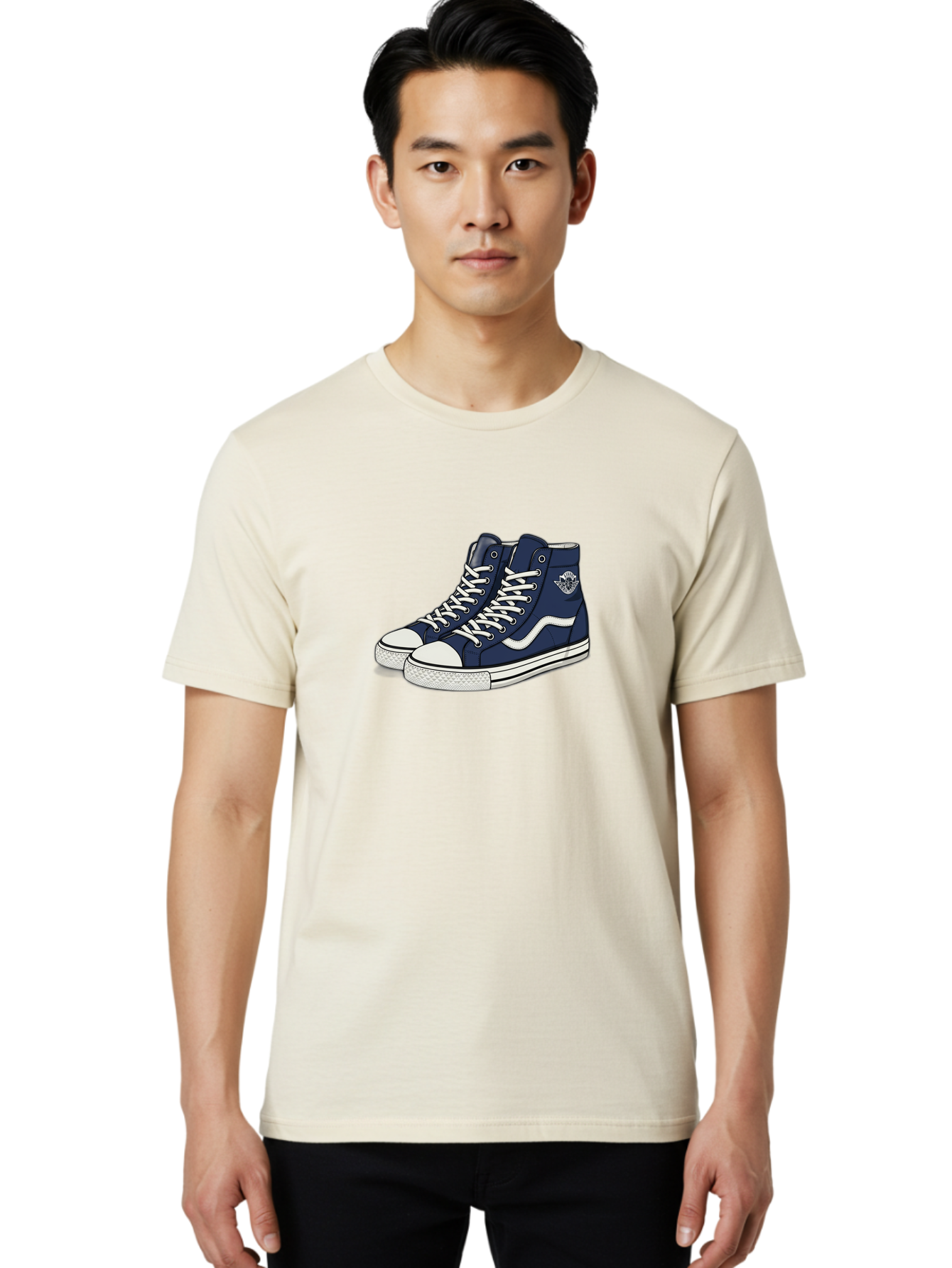 Navy-Blue-High-Top-Sneakers Men'S Graphic Tee, 100% Cotton, Comfortable Casual Summer Wear, Machine Washable, Navy Blue Sneakers, High-Top Shoes, White Laces, White Soles, Athletic Footwear, Casual Wear, Sports Shoes, Comfortable Shoes, Bab027