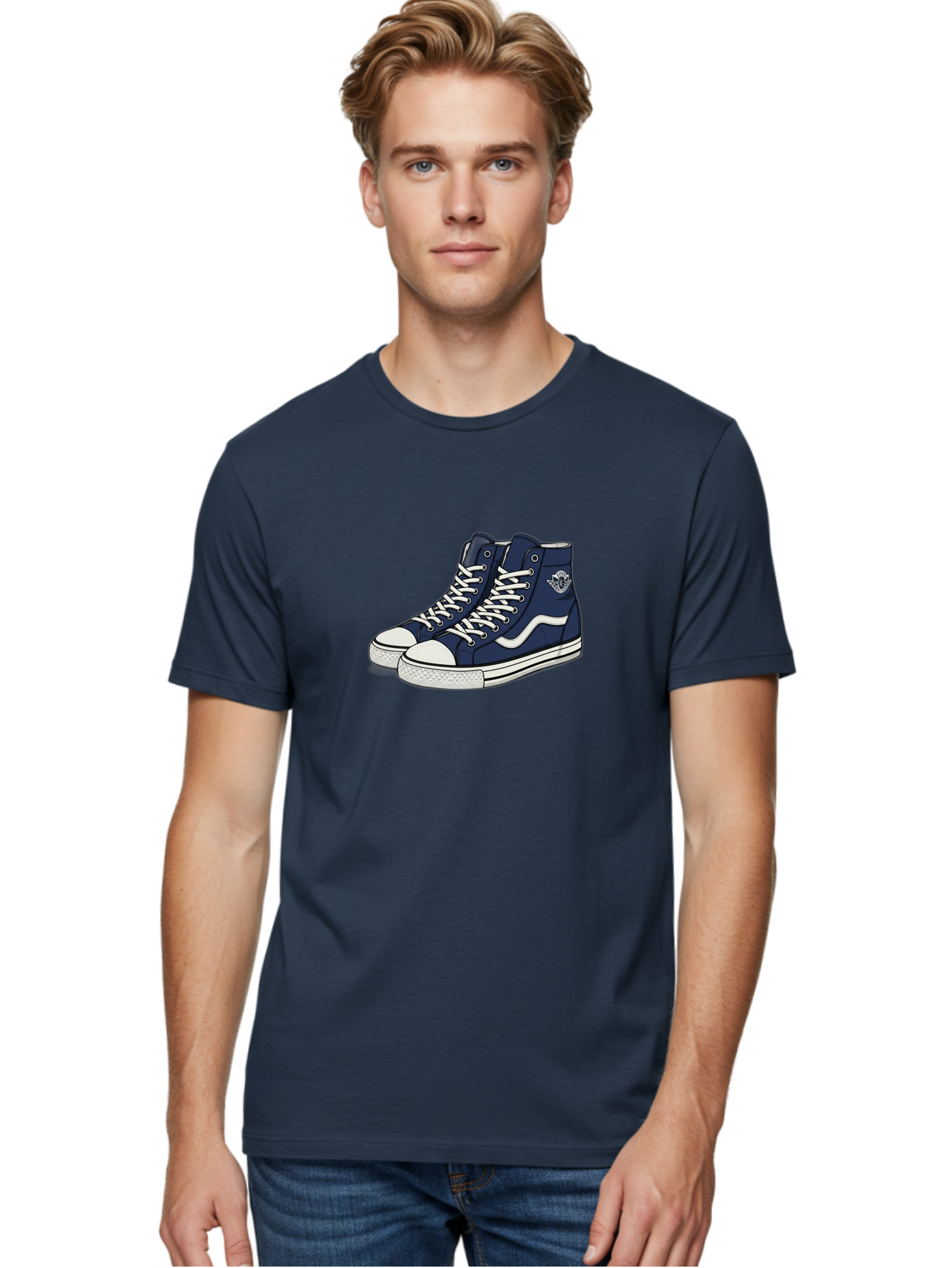 Navy-Blue-High-Top-Sneakers Men'S Graphic Tee, 100% Cotton, Comfortable Casual Summer Wear, Machine Washable, Navy Blue Sneakers, High-Top Shoes, White Laces, White Soles, Athletic Footwear, Casual Wear, Sports Shoes, Comfortable Shoes, Bab027