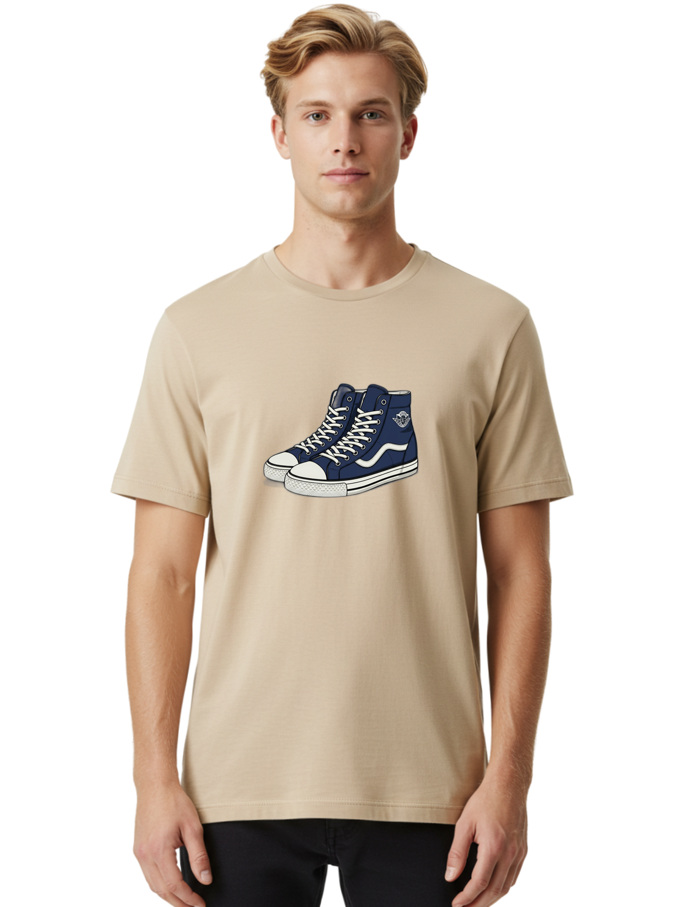 Navy-Blue-High-Top-Sneakers Men'S Graphic Tee, 100% Cotton, Comfortable Casual Summer Wear, Machine Washable, Navy Blue Sneakers, High-Top Shoes, White Laces, White Soles, Athletic Footwear, Casual Wear, Sports Shoes, Comfortable Shoes, Bab027