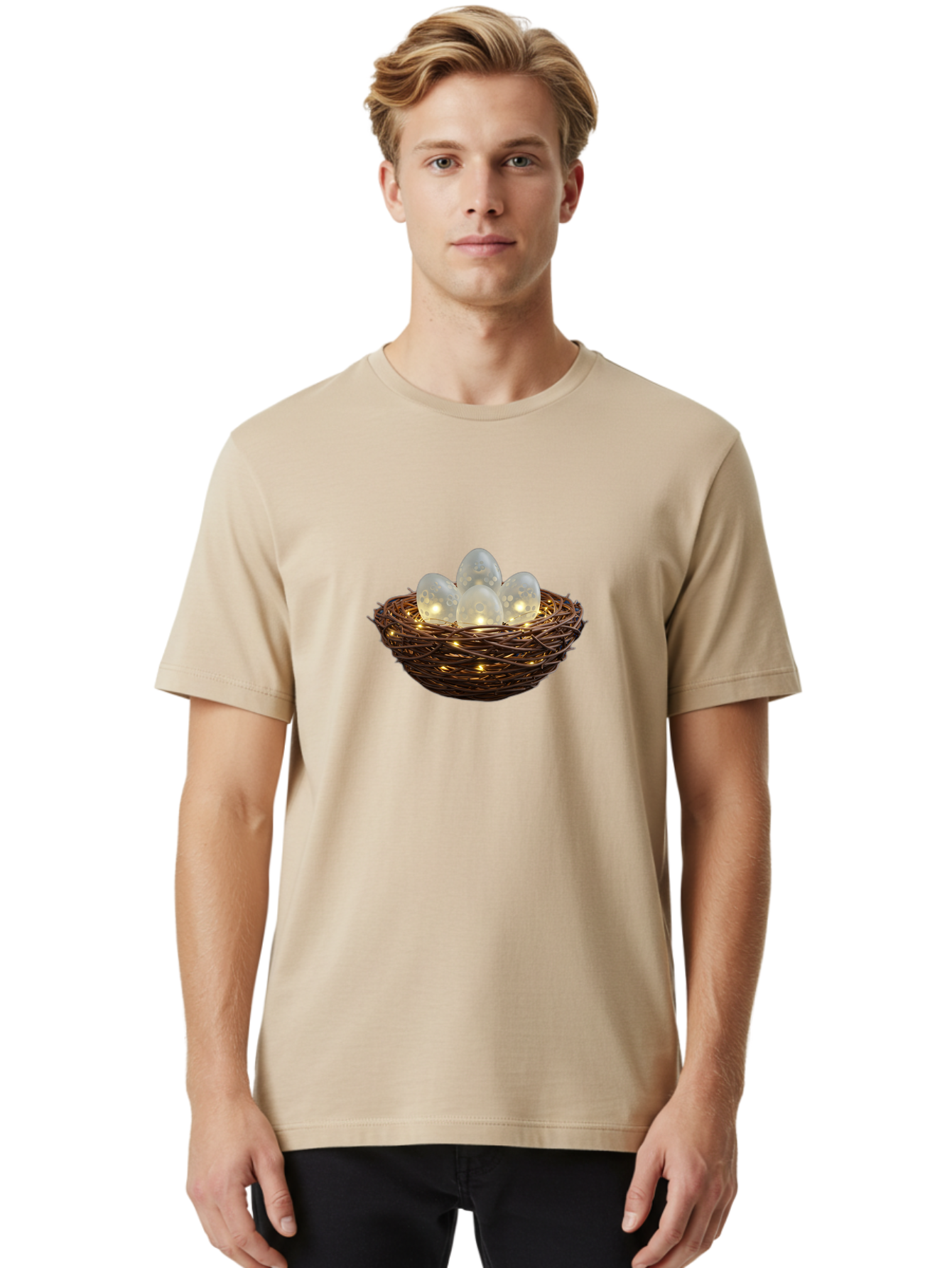 Nest-With-Eggs Men'S Graphic Tee, 100% Cotton, Comfortable Casual Summer Wear, Machine Washable, Glowing Eggs In A Nest, Festive Decor, Decorative Nest, Twig Nest, Glowing Orbs, String Lights, Home Decor, Easter Eggs, Spring Decoration Bab030