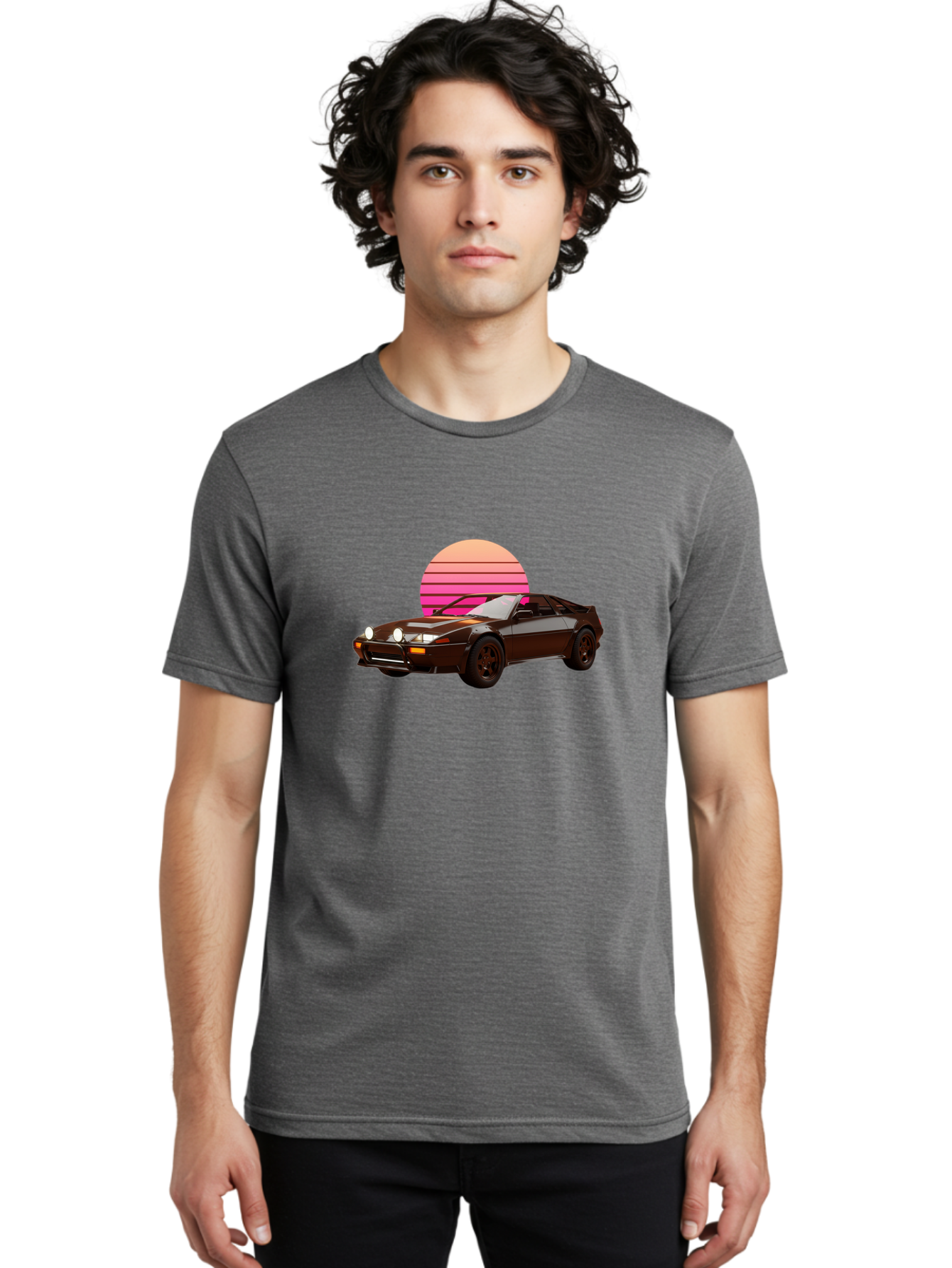Nissan-240Z Men'S Graphic Tee, 100% Cotton, Comfortable Casual Summer Wear, Machine Washable, Vintage Sports Car, Retro Style, Dusk Scene, Gradient Sunset, Nostalgic Feel, Classic Automobile, Vintage Vibes, Iconic Design, Automotive Art, Bab036
