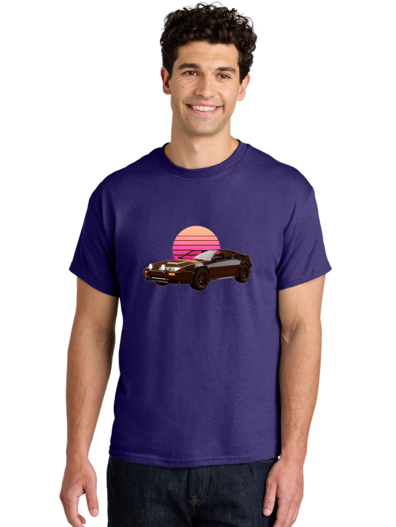 Nissan-240Z Men'S Graphic Tee, 100% Cotton, Comfortable Casual Summer Wear, Machine Washable, Vintage Sports Car, Retro Style, Dusk Scene, Gradient Sunset, Nostalgic Feel, Classic Automobile, Vintage Vibes, Iconic Design, Automotive Art, Bab036