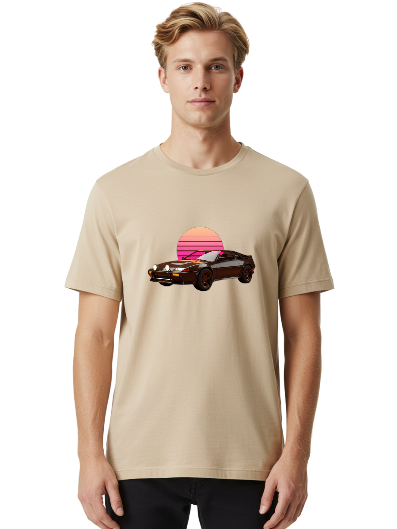 Nissan-240Z Men'S Graphic Tee, 100% Cotton, Comfortable Casual Summer Wear, Machine Washable, Vintage Sports Car, Retro Style, Dusk Scene, Gradient Sunset, Nostalgic Feel, Classic Automobile, Vintage Vibes, Iconic Design, Automotive Art, Bab036