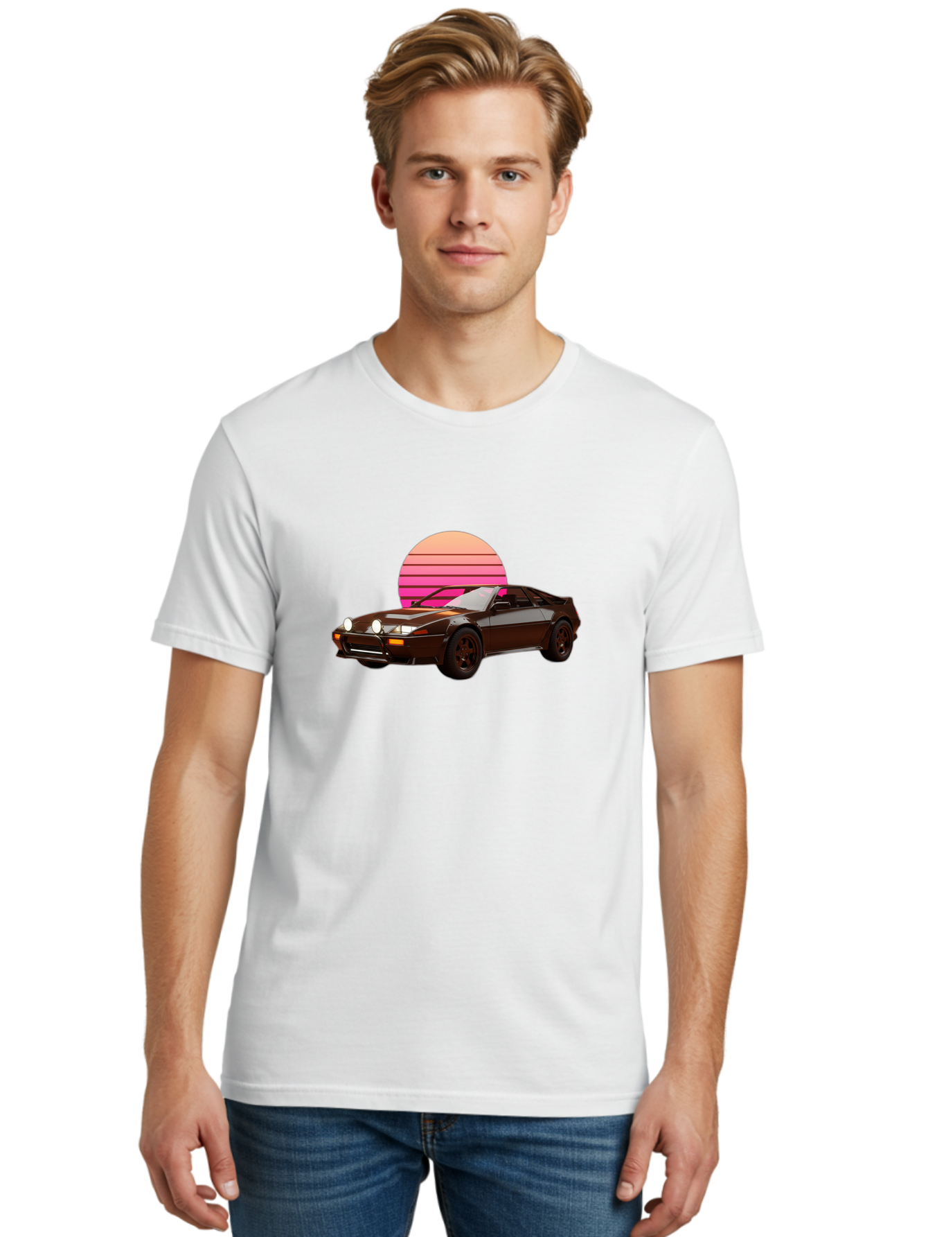 Nissan-240Z Men'S Graphic Tee, 100% Cotton, Comfortable Casual Summer Wear, Machine Washable, Vintage Sports Car, Retro Style, Dusk Scene, Gradient Sunset, Nostalgic Feel, Classic Automobile, Vintage Vibes, Iconic Design, Automotive Art, Bab036