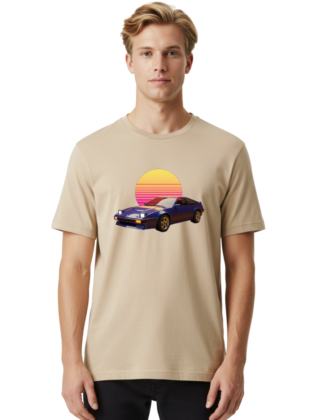Nissan-280Zx Men'S Graphic Tee, 100% Cotton, Comfortable Casual Summer Wear, Machine Washable, Retro Sports Car, Vintage Automobile, 80S Style, Pop Art, Neon Colors, Gradient Sun, Futuristic Design, Classic Ride, Nostalgic Feel, Bab037