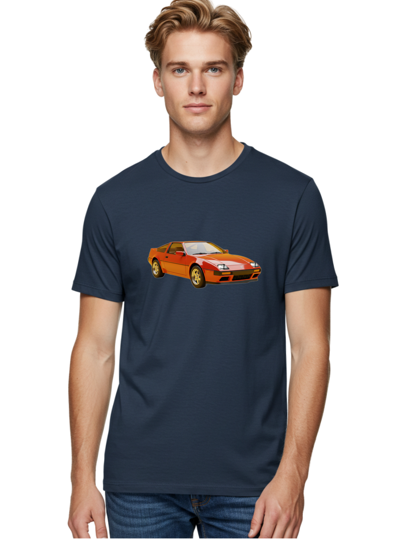 Nissan-300Zx-1 Men'S Graphic Tee, 100% Cotton, Comfortable Casual Summer Wear, Machine Washable, Nissan 300Zx Sports Car, Orange Sports Car, Classic Car Design, Vintage Automobile, Retro Style, Sleek, High-Performance Vehicle, Automotive Art Bab038