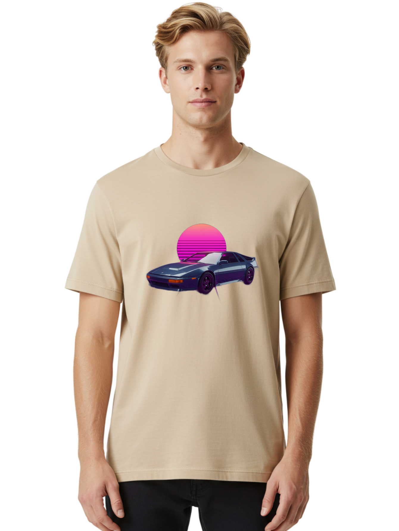 Nissan-300Zx-4 Men'S Graphic Tee, 100% Cotton, Comfortable Casual Summer Wear, Machine Washable, Classic Sports Car, Retro Futuristic, Sleek Design, Purple Car, Vaporwave Aesthetic, 80S Style, Synthwave Art, Pink Sunset, Nostalgic Feel, Bab041