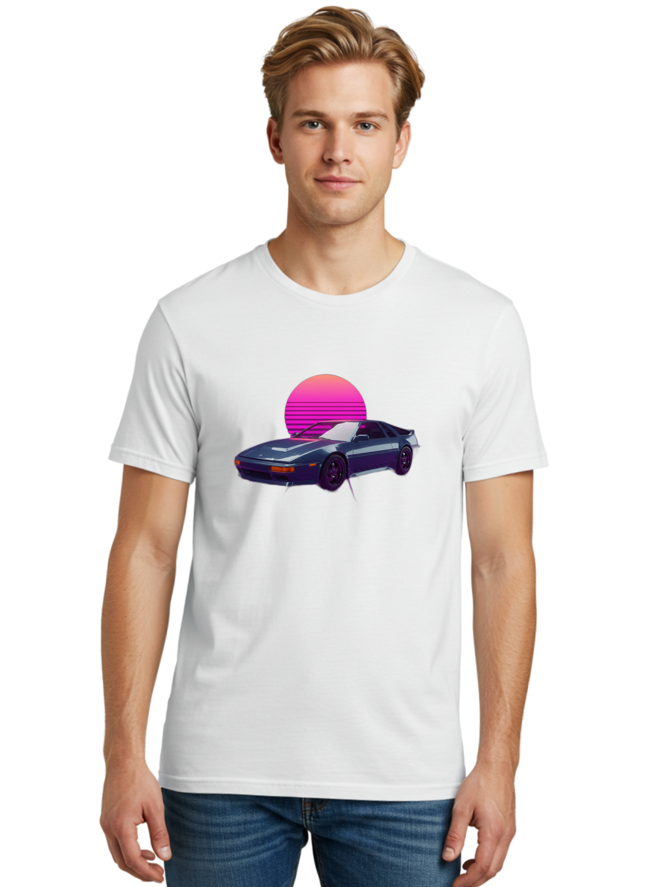 Nissan-300Zx-4 Men'S Graphic Tee, 100% Cotton, Comfortable Casual Summer Wear, Machine Washable, Classic Sports Car, Retro Futuristic, Sleek Design, Purple Car, Vaporwave Aesthetic, 80S Style, Synthwave Art, Pink Sunset, Nostalgic Feel, Bab041