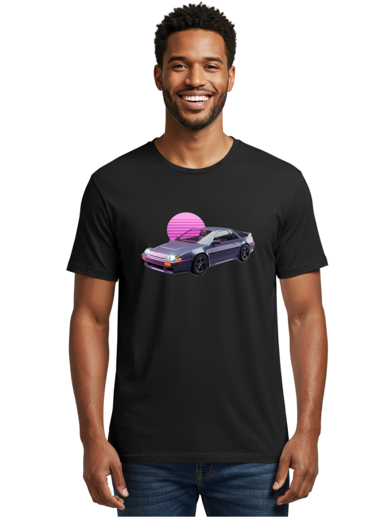 Nissan-300Zx-5 Men'S Graphic Tee, 100% Cotton, Comfortable Casual Summer Wear, Machine Washable, Nissan 300Zx Sports Car, Retro Futuristic Design, Sleek Gray Body, Black Wheels, Pink Accents, Neon Lights, Vaporwave Aesthetic, Synthwave Style Bab042
