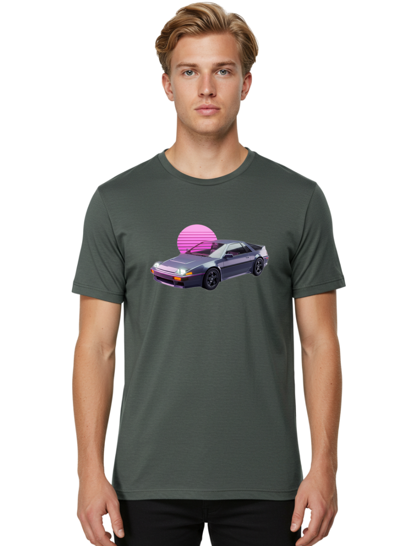 Nissan-300Zx-5 Men'S Graphic Tee, 100% Cotton, Comfortable Casual Summer Wear, Machine Washable, Nissan 300Zx Sports Car, Retro Futuristic Design, Sleek Gray Body, Black Wheels, Pink Accents, Neon Lights, Vaporwave Aesthetic, Synthwave Style Bab042