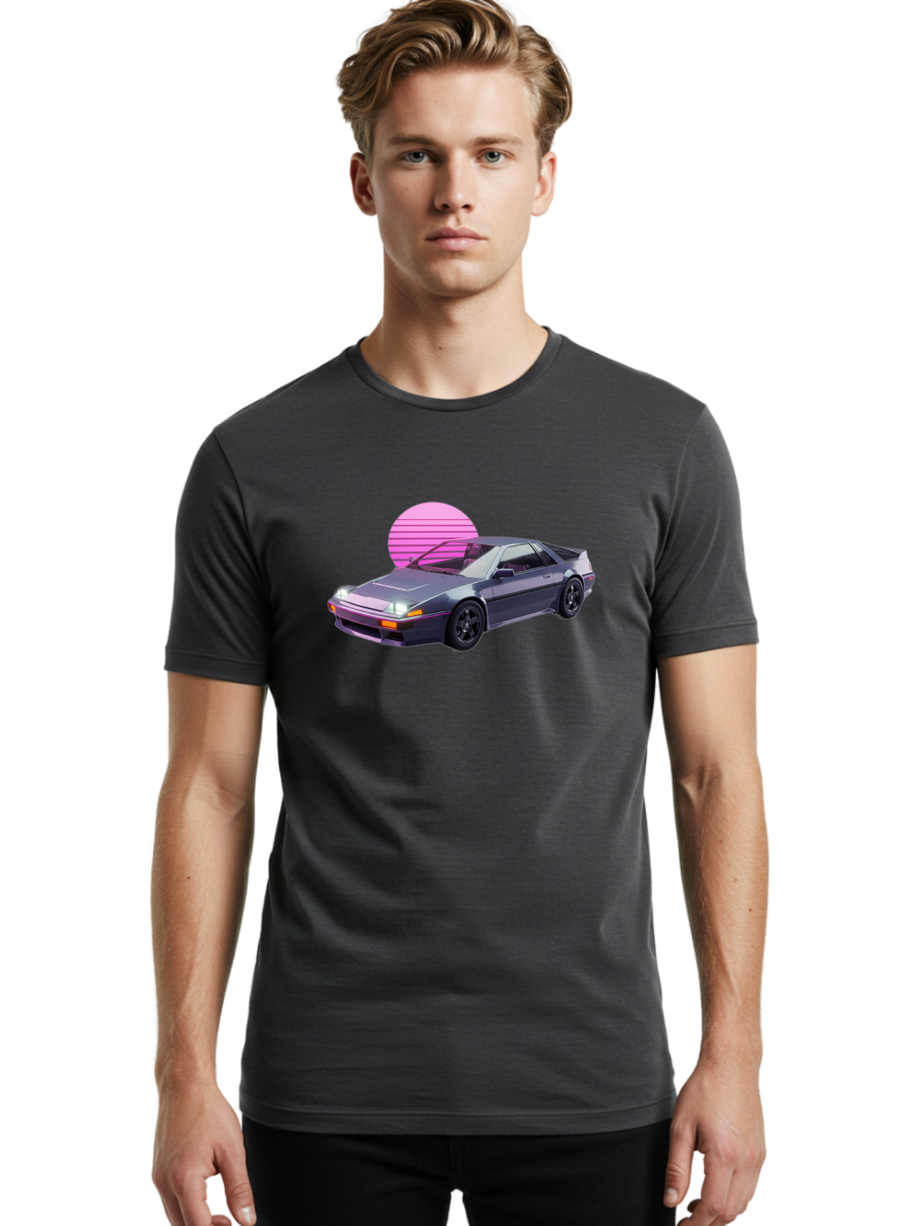 Nissan-300Zx-5 Men'S Graphic Tee, 100% Cotton, Comfortable Casual Summer Wear, Machine Washable, Nissan 300Zx Sports Car, Retro Futuristic Design, Sleek Gray Body, Black Wheels, Pink Accents, Neon Lights, Vaporwave Aesthetic, Synthwave Style Bab042