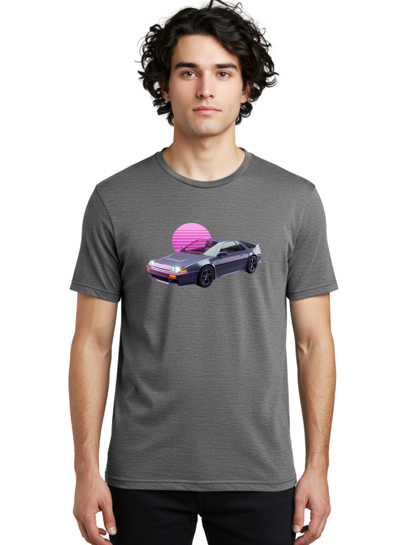 Nissan-300Zx-5 Men'S Graphic Tee, 100% Cotton, Comfortable Casual Summer Wear, Machine Washable, Nissan 300Zx Sports Car, Retro Futuristic Design, Sleek Gray Body, Black Wheels, Pink Accents, Neon Lights, Vaporwave Aesthetic, Synthwave Style Bab042