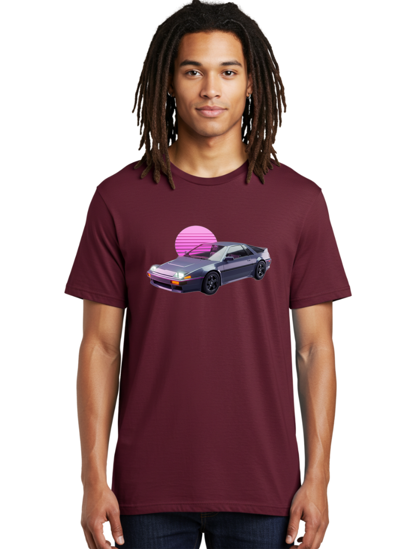 Nissan-300Zx-5 Men'S Graphic Tee, 100% Cotton, Comfortable Casual Summer Wear, Machine Washable, Nissan 300Zx Sports Car, Retro Futuristic Design, Sleek Gray Body, Black Wheels, Pink Accents, Neon Lights, Vaporwave Aesthetic, Synthwave Style Bab042