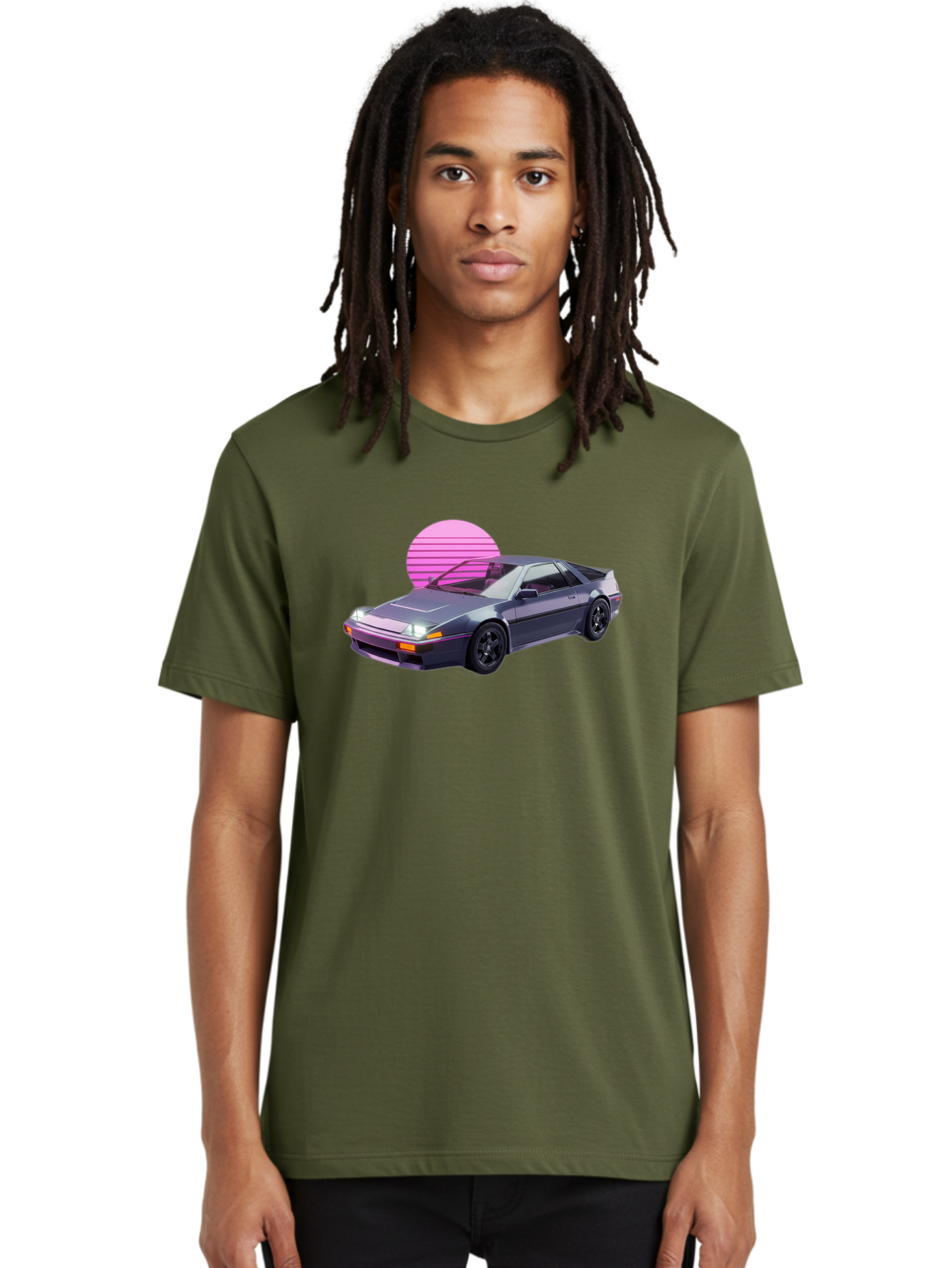 Nissan-300Zx-5 Men'S Graphic Tee, 100% Cotton, Comfortable Casual Summer Wear, Machine Washable, Nissan 300Zx Sports Car, Retro Futuristic Design, Sleek Gray Body, Black Wheels, Pink Accents, Neon Lights, Vaporwave Aesthetic, Synthwave Style Bab042