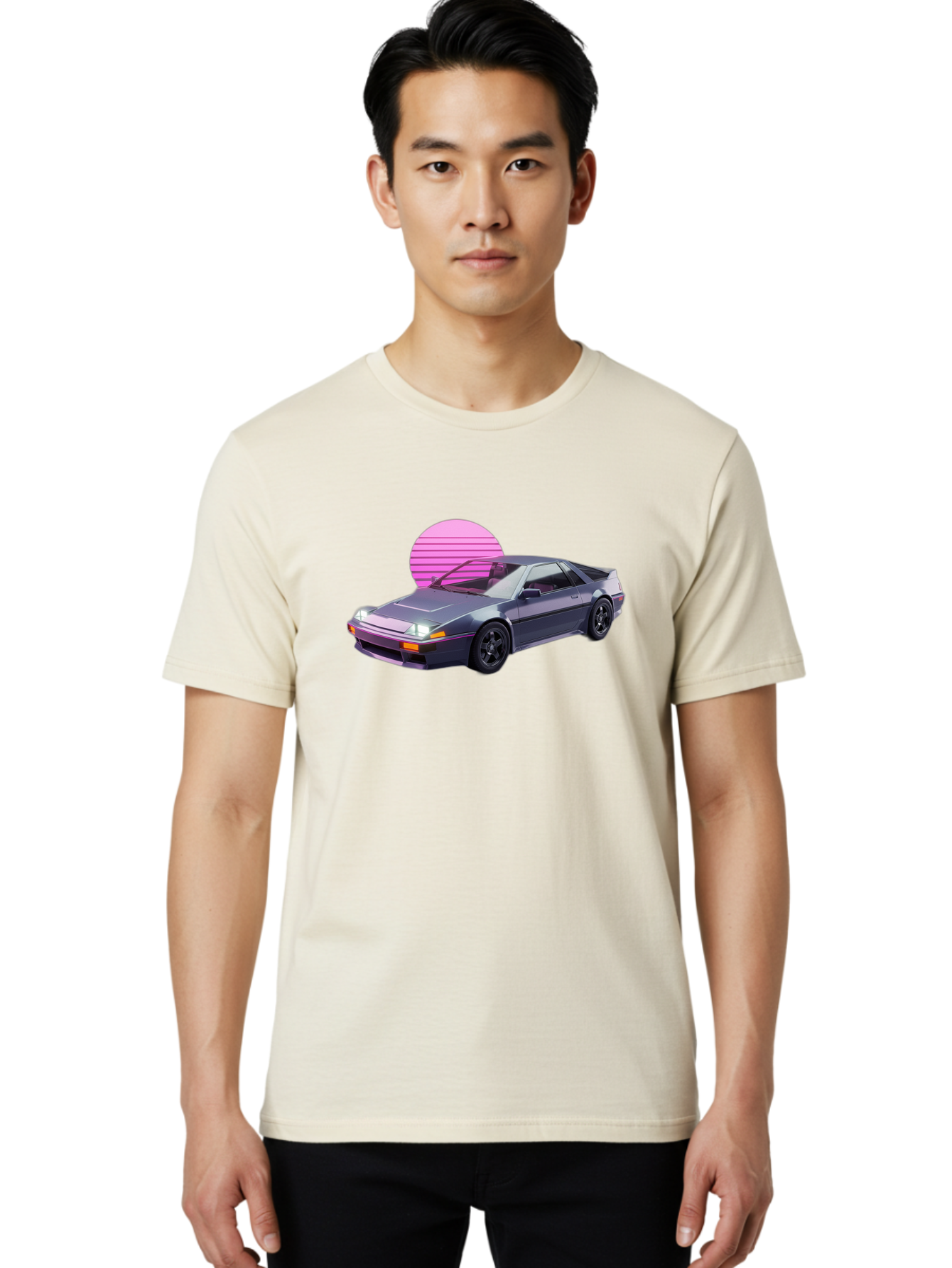 Nissan-300Zx-5 Men'S Graphic Tee, 100% Cotton, Comfortable Casual Summer Wear, Machine Washable, Nissan 300Zx Sports Car, Retro Futuristic Design, Sleek Gray Body, Black Wheels, Pink Accents, Neon Lights, Vaporwave Aesthetic, Synthwave Style Bab042