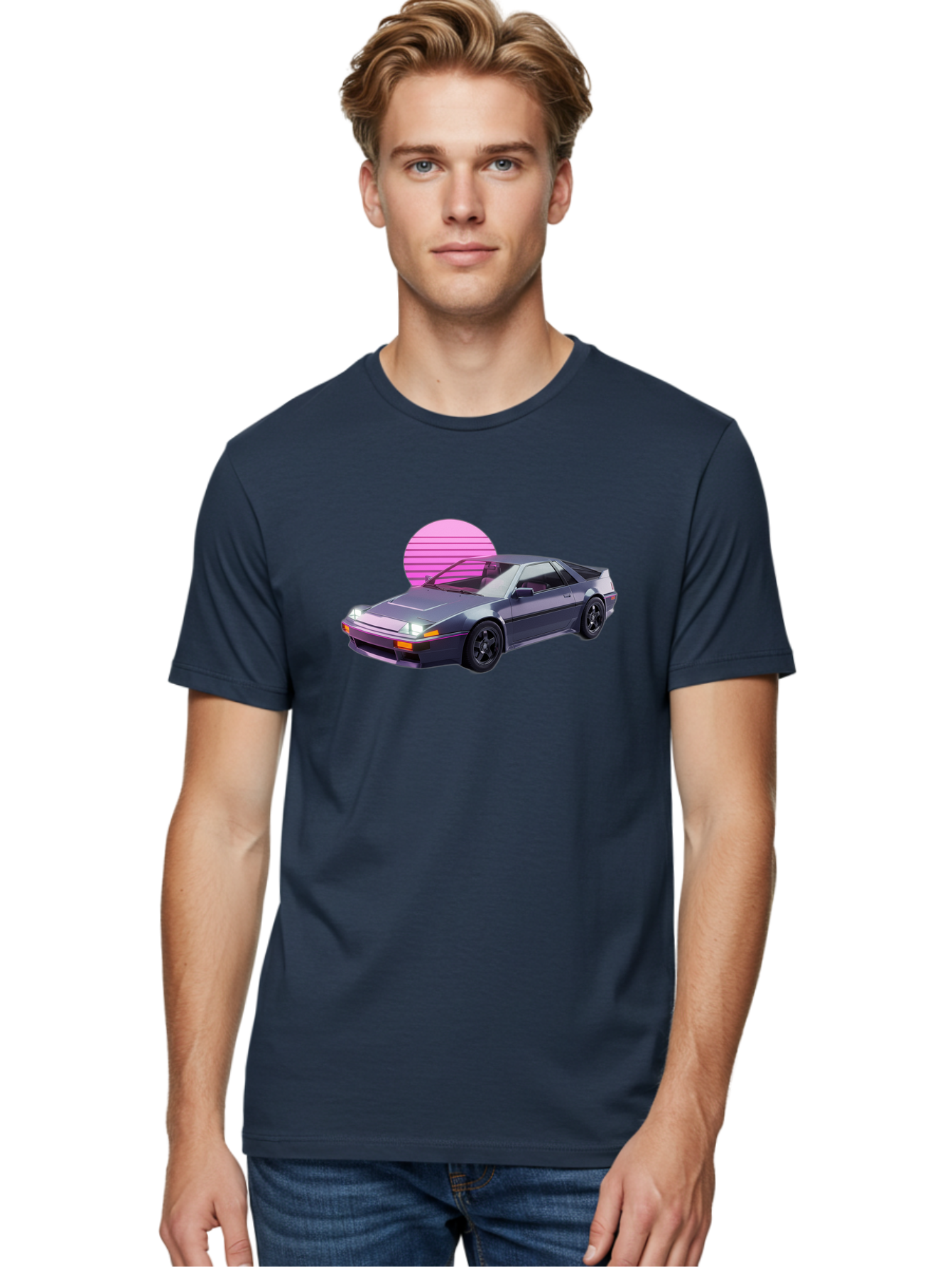 Nissan-300Zx-5 Men'S Graphic Tee, 100% Cotton, Comfortable Casual Summer Wear, Machine Washable, Nissan 300Zx Sports Car, Retro Futuristic Design, Sleek Gray Body, Black Wheels, Pink Accents, Neon Lights, Vaporwave Aesthetic, Synthwave Style Bab042