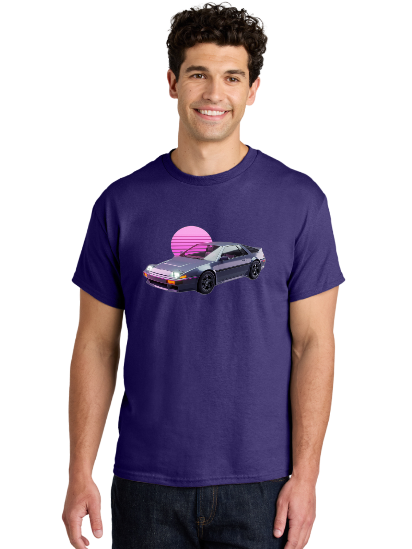 Nissan-300Zx-5 Men'S Graphic Tee, 100% Cotton, Comfortable Casual Summer Wear, Machine Washable, Nissan 300Zx Sports Car, Retro Futuristic Design, Sleek Gray Body, Black Wheels, Pink Accents, Neon Lights, Vaporwave Aesthetic, Synthwave Style Bab042