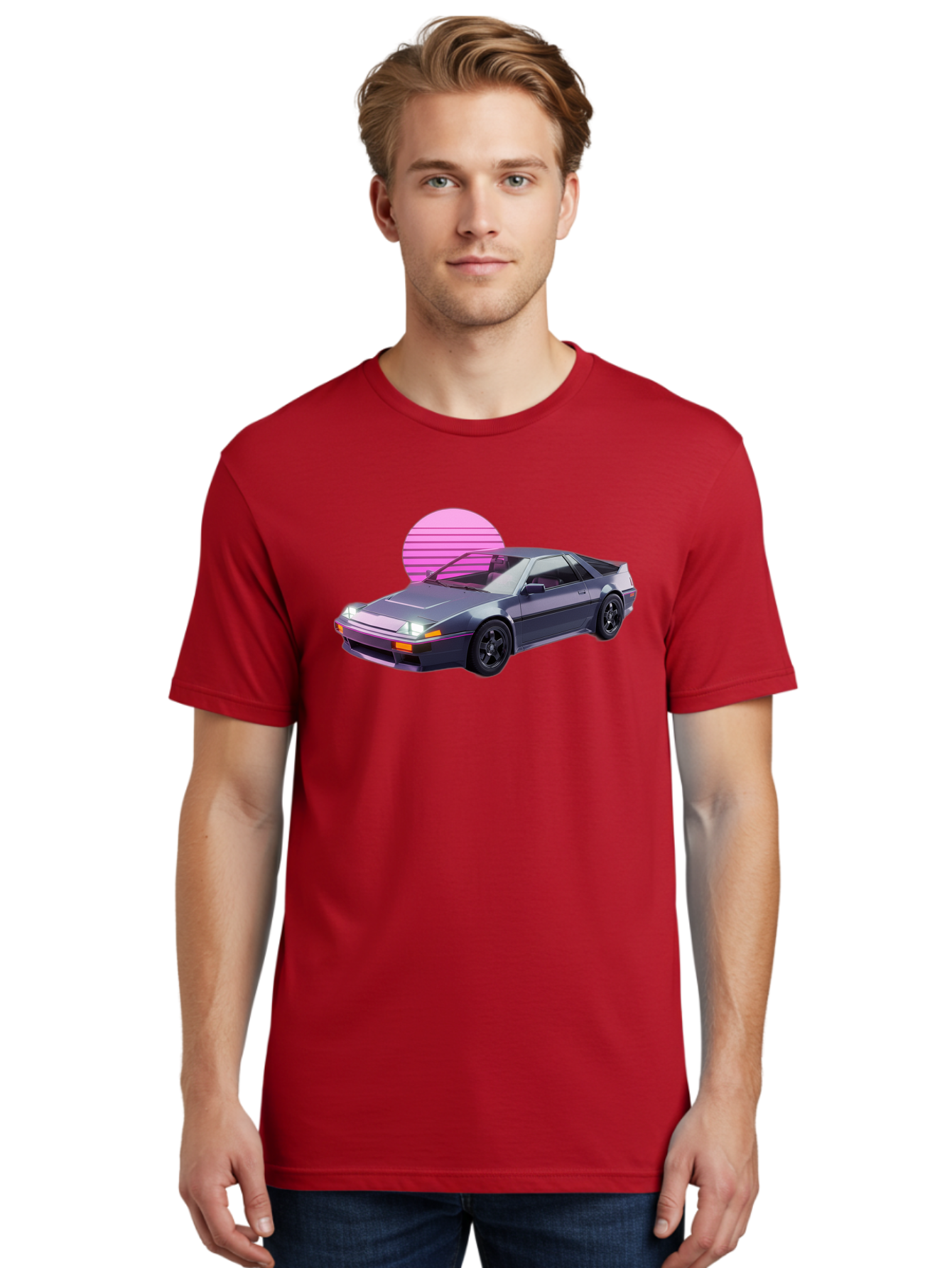 Nissan-300Zx-5 Men'S Graphic Tee, 100% Cotton, Comfortable Casual Summer Wear, Machine Washable, Nissan 300Zx Sports Car, Retro Futuristic Design, Sleek Gray Body, Black Wheels, Pink Accents, Neon Lights, Vaporwave Aesthetic, Synthwave Style Bab042