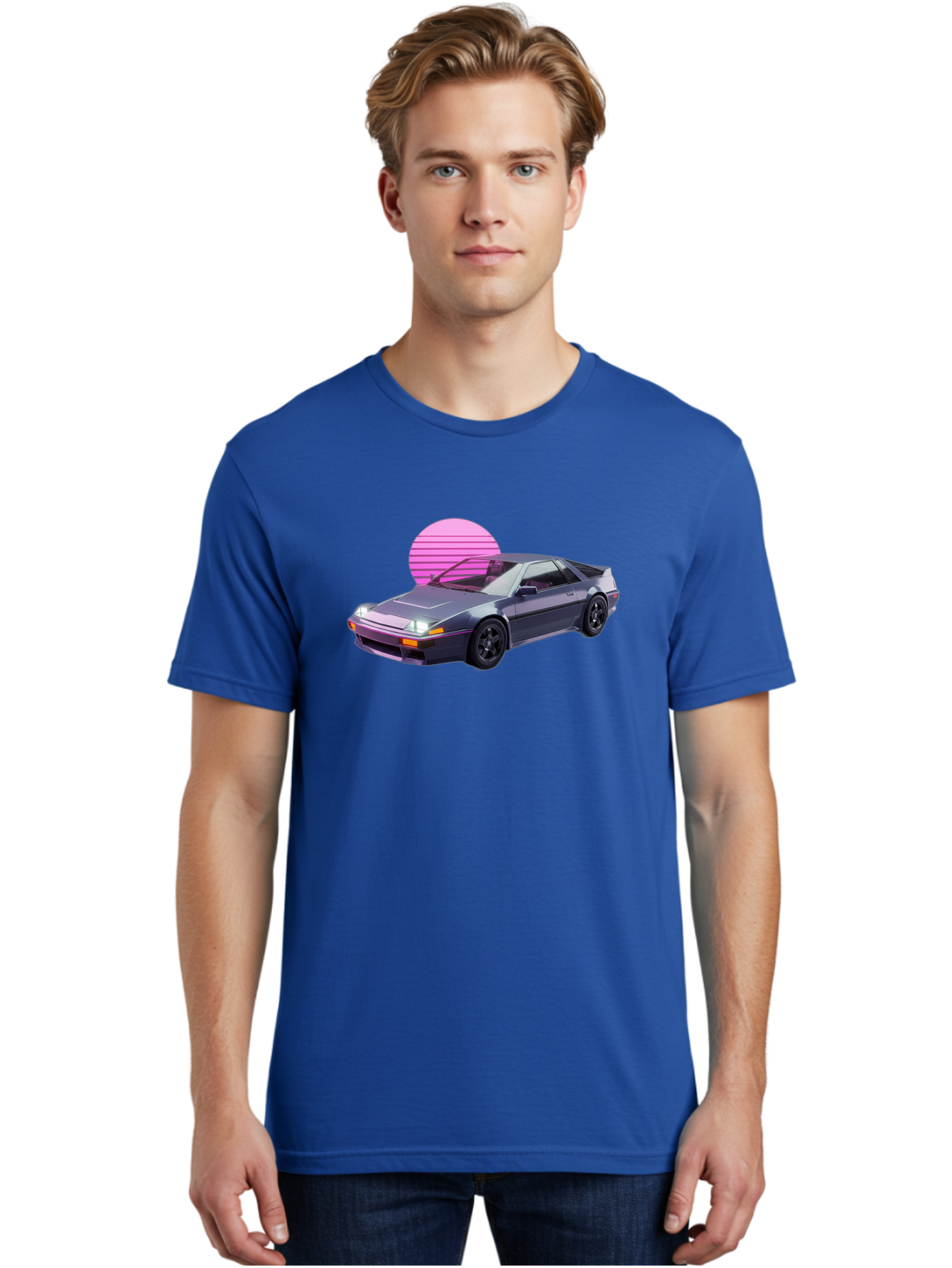 Nissan-300Zx-5 Men'S Graphic Tee, 100% Cotton, Comfortable Casual Summer Wear, Machine Washable, Nissan 300Zx Sports Car, Retro Futuristic Design, Sleek Gray Body, Black Wheels, Pink Accents, Neon Lights, Vaporwave Aesthetic, Synthwave Style Bab042