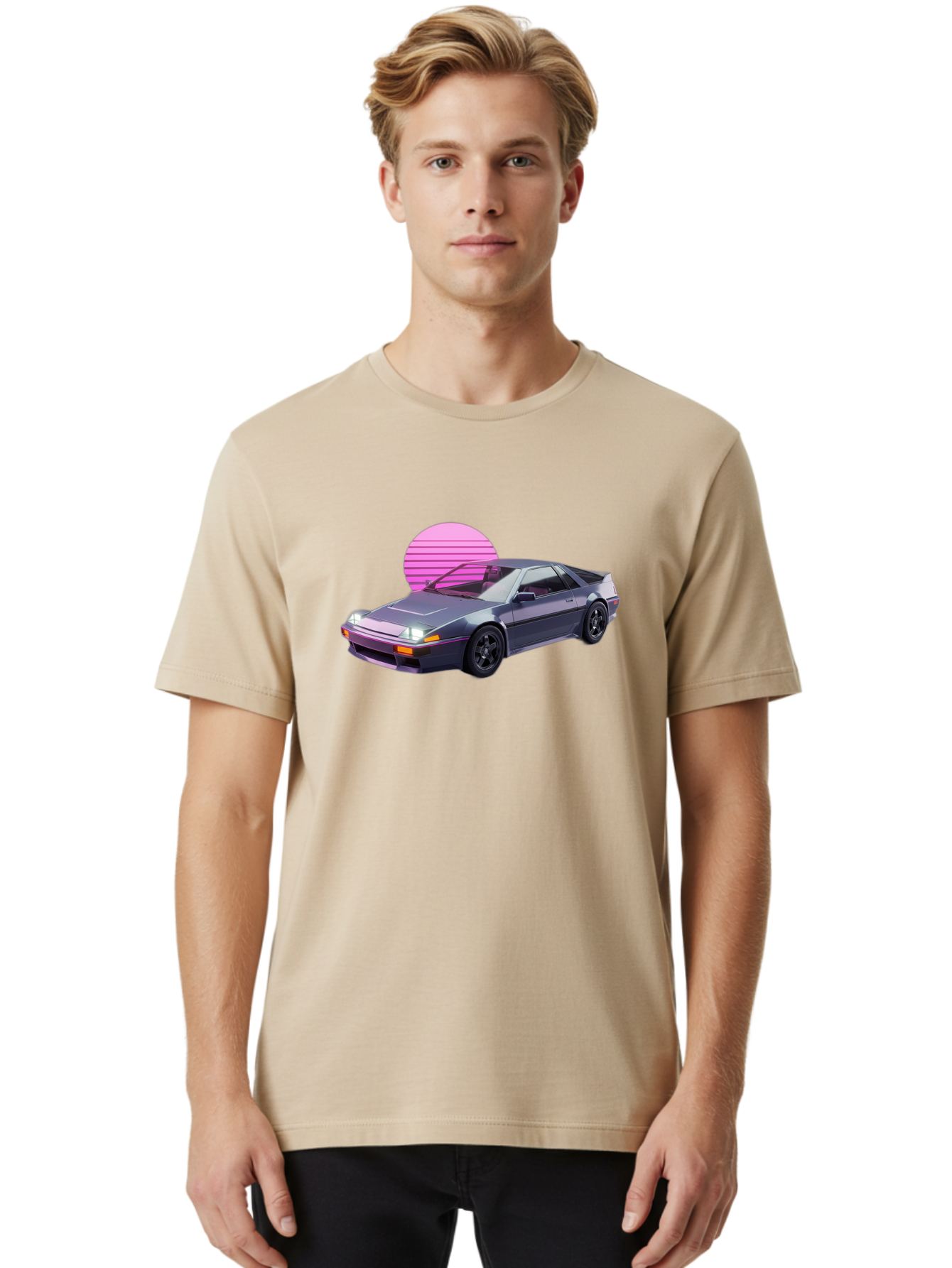 Nissan-300Zx-5 Men'S Graphic Tee, 100% Cotton, Comfortable Casual Summer Wear, Machine Washable, Nissan 300Zx Sports Car, Retro Futuristic Design, Sleek Gray Body, Black Wheels, Pink Accents, Neon Lights, Vaporwave Aesthetic, Synthwave Style Bab042