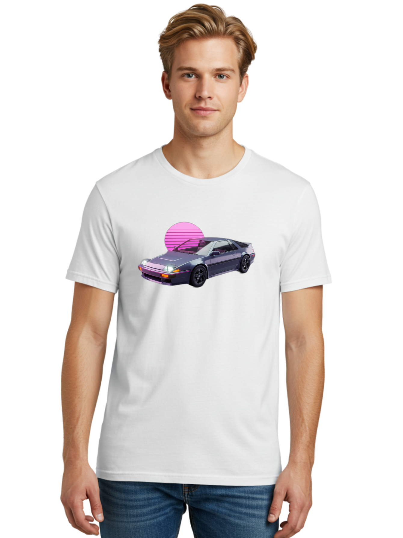 Nissan-300Zx-5 Men'S Graphic Tee, 100% Cotton, Comfortable Casual Summer Wear, Machine Washable, Nissan 300Zx Sports Car, Retro Futuristic Design, Sleek Gray Body, Black Wheels, Pink Accents, Neon Lights, Vaporwave Aesthetic, Synthwave Style Bab042
