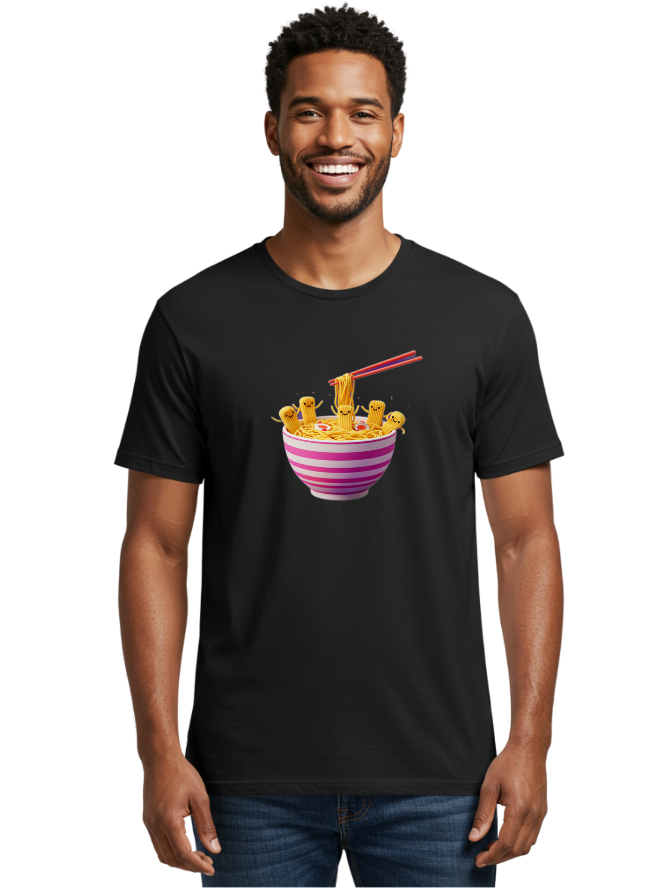 Noodles-With-Faces Men'S Graphic Tee, 100% Cotton, Comfortable Casual Summer Wear, Machine Washable, Bowl Of Noodles, Cartoon Bamboo Sticks, Playful Chopsticks, Fun Design, Asian Cuisine, Kawaii Characters, Noodle Lovers, Meal Time, Bab046