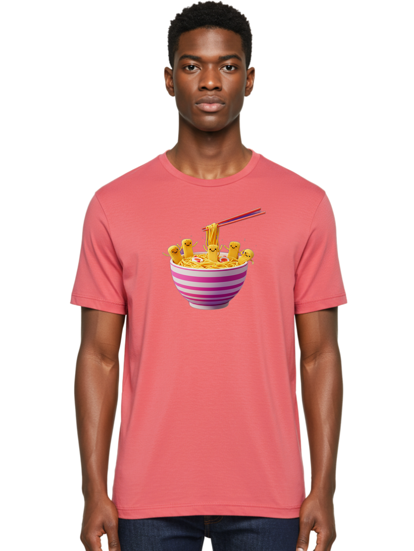 Noodles-With-Faces Men'S Graphic Tee, 100% Cotton, Comfortable Casual Summer Wear, Machine Washable, Bowl Of Noodles, Cartoon Bamboo Sticks, Playful Chopsticks, Fun Design, Asian Cuisine, Kawaii Characters, Noodle Lovers, Meal Time, Bab046