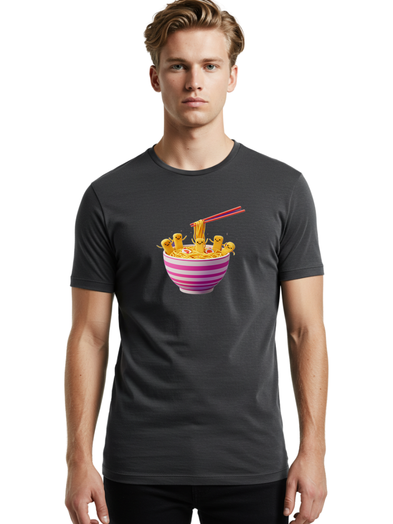 Noodles-With-Faces Men'S Graphic Tee, 100% Cotton, Comfortable Casual Summer Wear, Machine Washable, Bowl Of Noodles, Cartoon Bamboo Sticks, Playful Chopsticks, Fun Design, Asian Cuisine, Kawaii Characters, Noodle Lovers, Meal Time, Bab046