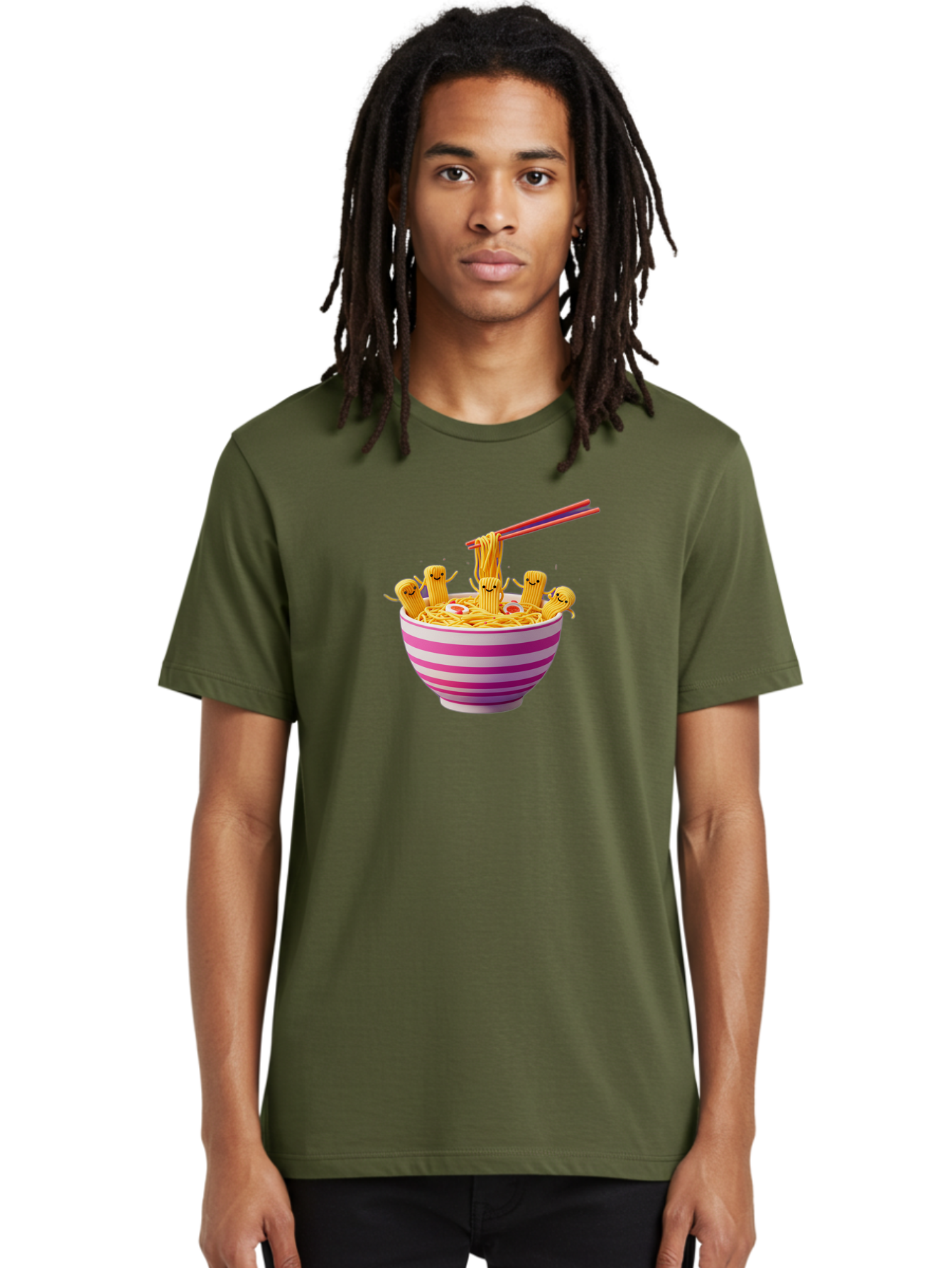 Noodles-With-Faces Men'S Graphic Tee, 100% Cotton, Comfortable Casual Summer Wear, Machine Washable, Bowl Of Noodles, Cartoon Bamboo Sticks, Playful Chopsticks, Fun Design, Asian Cuisine, Kawaii Characters, Noodle Lovers, Meal Time, Bab046