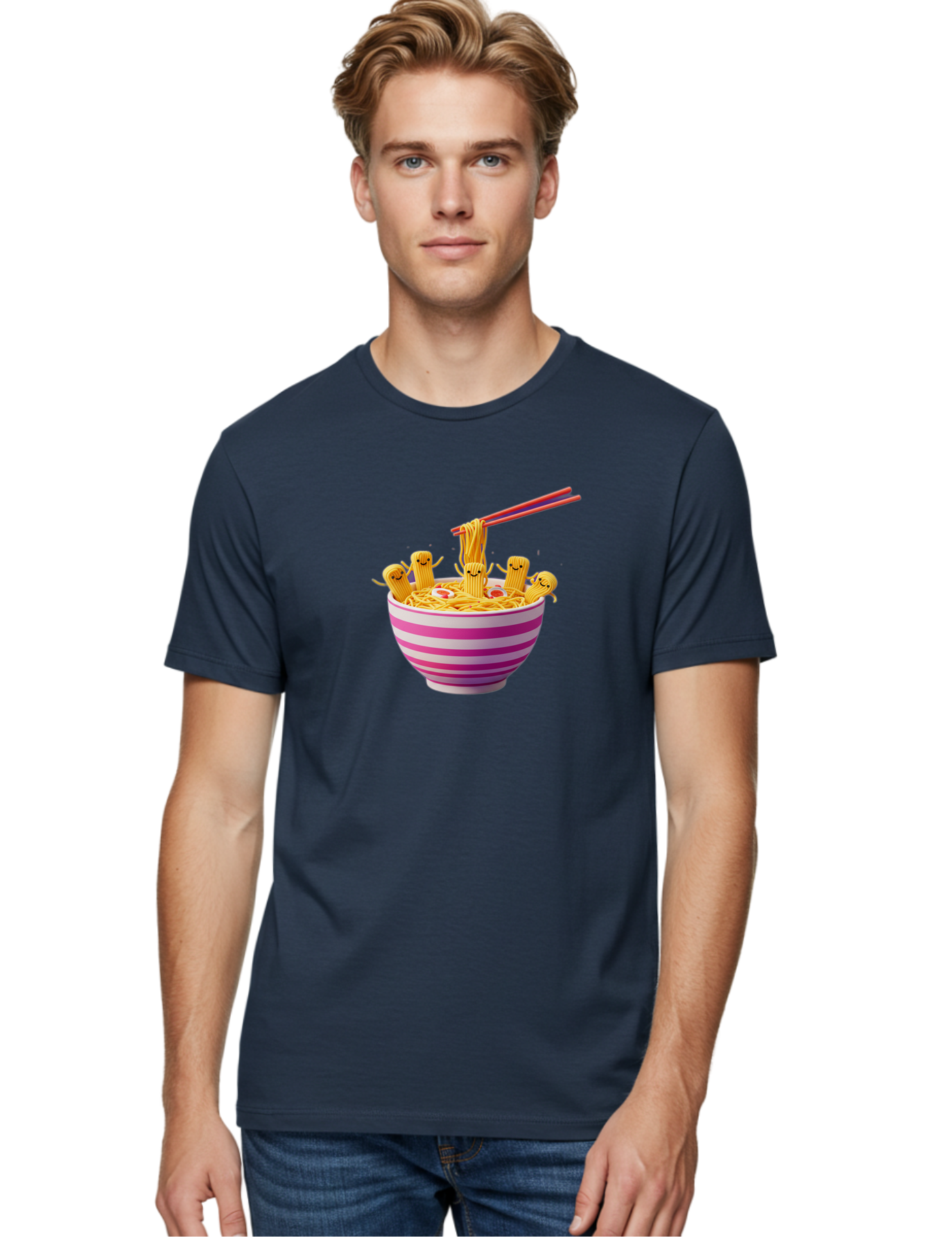 Noodles-With-Faces Men'S Graphic Tee, 100% Cotton, Comfortable Casual Summer Wear, Machine Washable, Bowl Of Noodles, Cartoon Bamboo Sticks, Playful Chopsticks, Fun Design, Asian Cuisine, Kawaii Characters, Noodle Lovers, Meal Time, Bab046