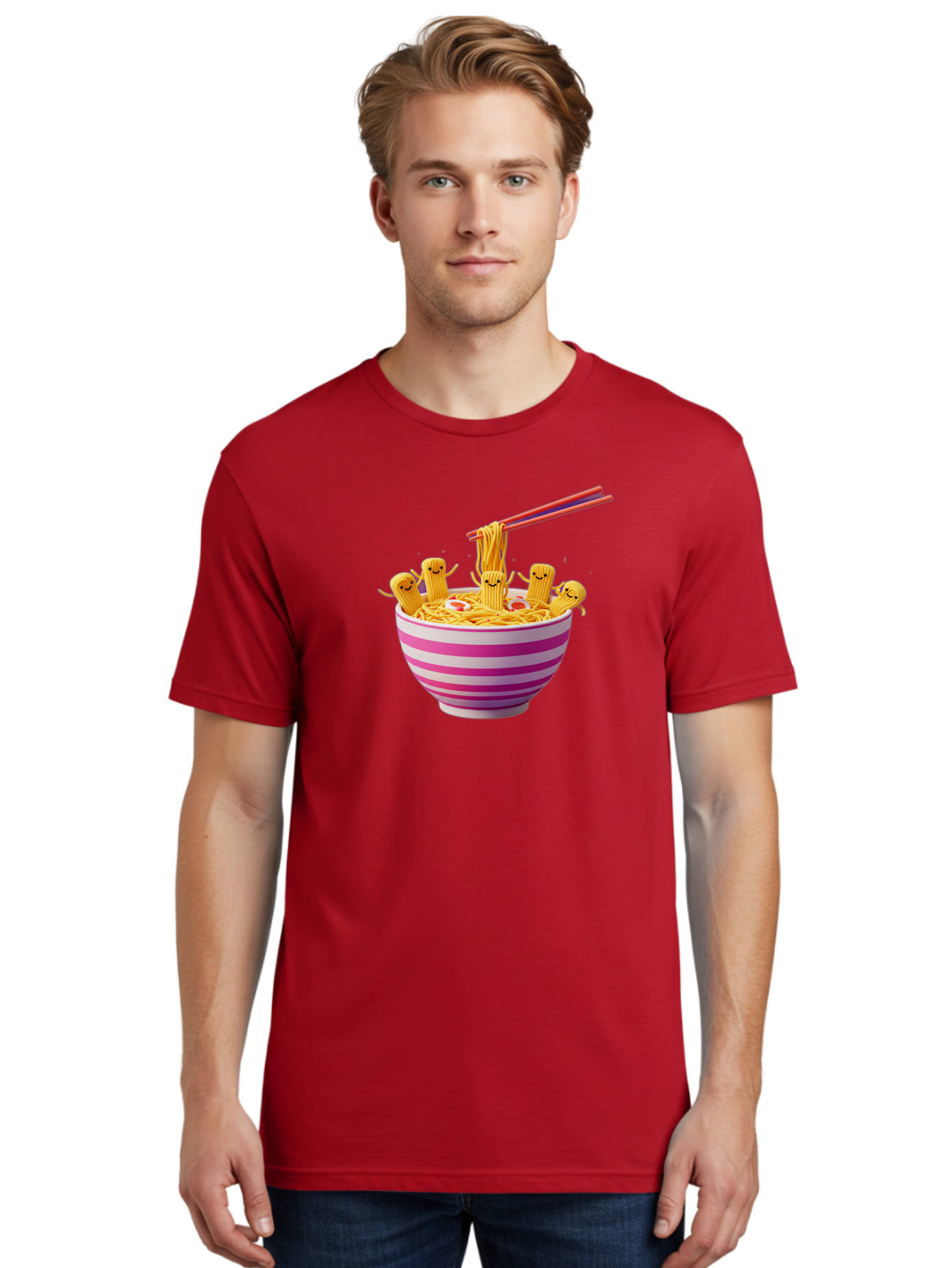Noodles-With-Faces Men'S Graphic Tee, 100% Cotton, Comfortable Casual Summer Wear, Machine Washable, Bowl Of Noodles, Cartoon Bamboo Sticks, Playful Chopsticks, Fun Design, Asian Cuisine, Kawaii Characters, Noodle Lovers, Meal Time, Bab046