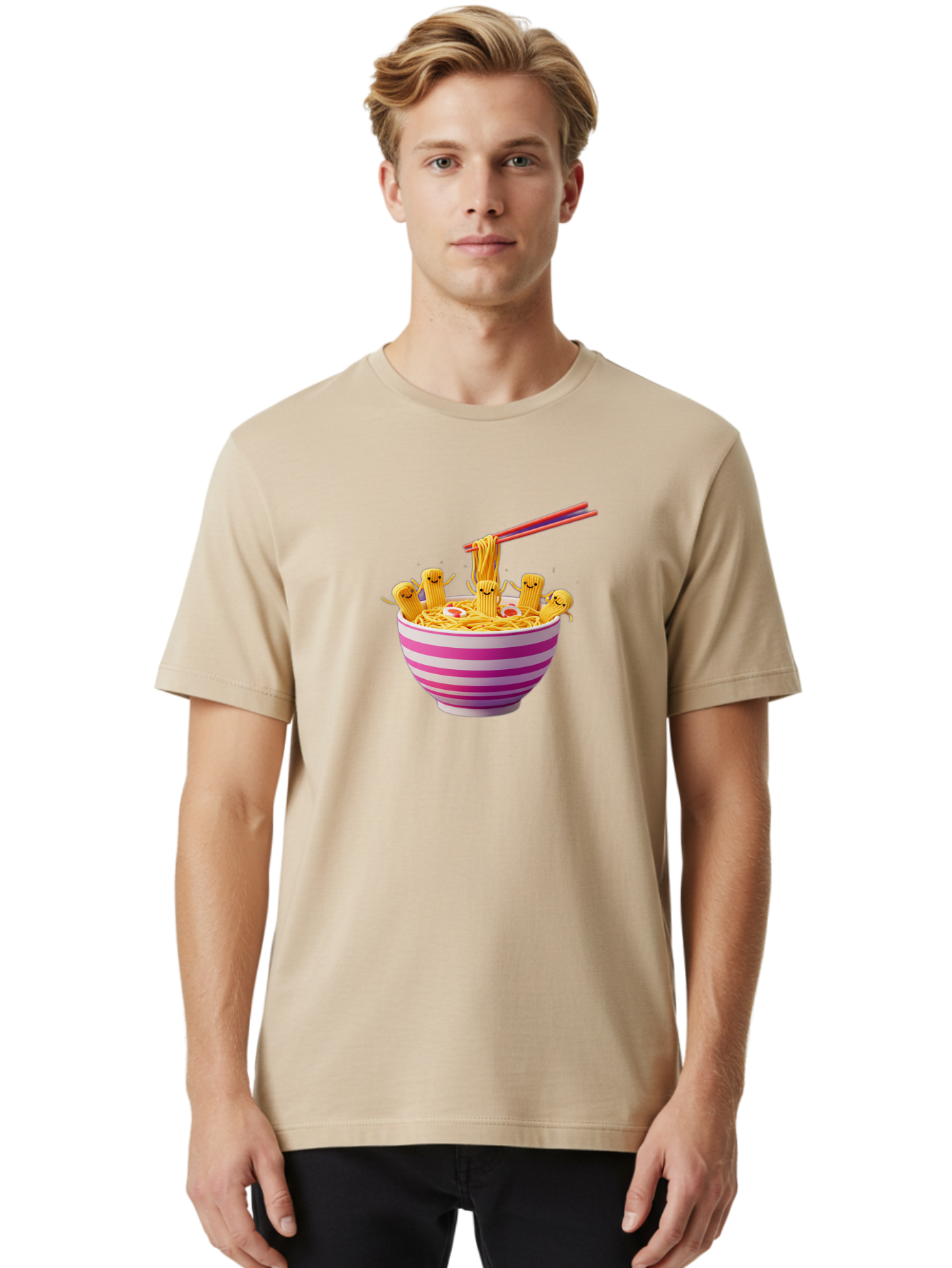 Noodles-With-Faces Men'S Graphic Tee, 100% Cotton, Comfortable Casual Summer Wear, Machine Washable, Bowl Of Noodles, Cartoon Bamboo Sticks, Playful Chopsticks, Fun Design, Asian Cuisine, Kawaii Characters, Noodle Lovers, Meal Time, Bab046