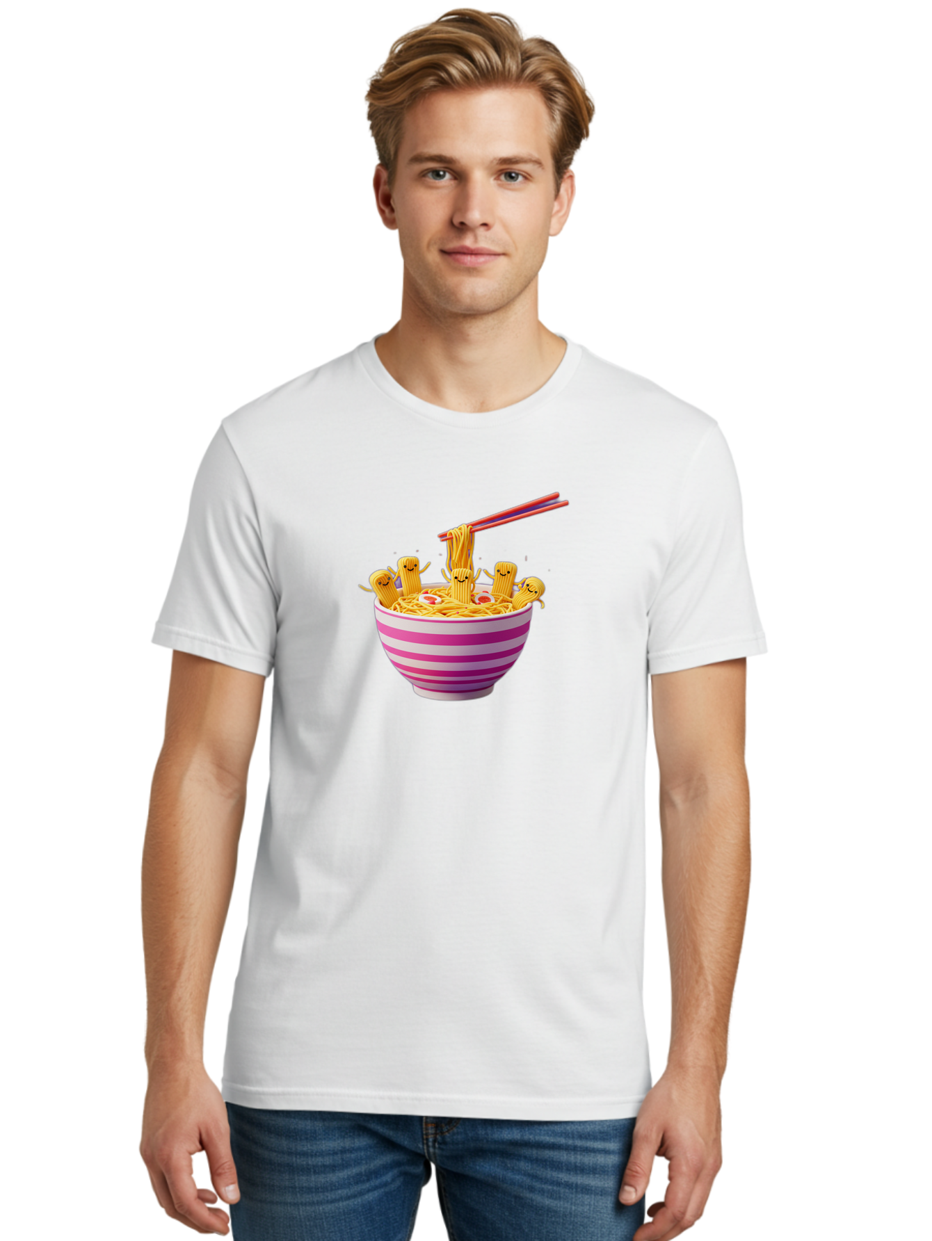 Noodles-With-Faces Men'S Graphic Tee, 100% Cotton, Comfortable Casual Summer Wear, Machine Washable, Bowl Of Noodles, Cartoon Bamboo Sticks, Playful Chopsticks, Fun Design, Asian Cuisine, Kawaii Characters, Noodle Lovers, Meal Time, Bab046