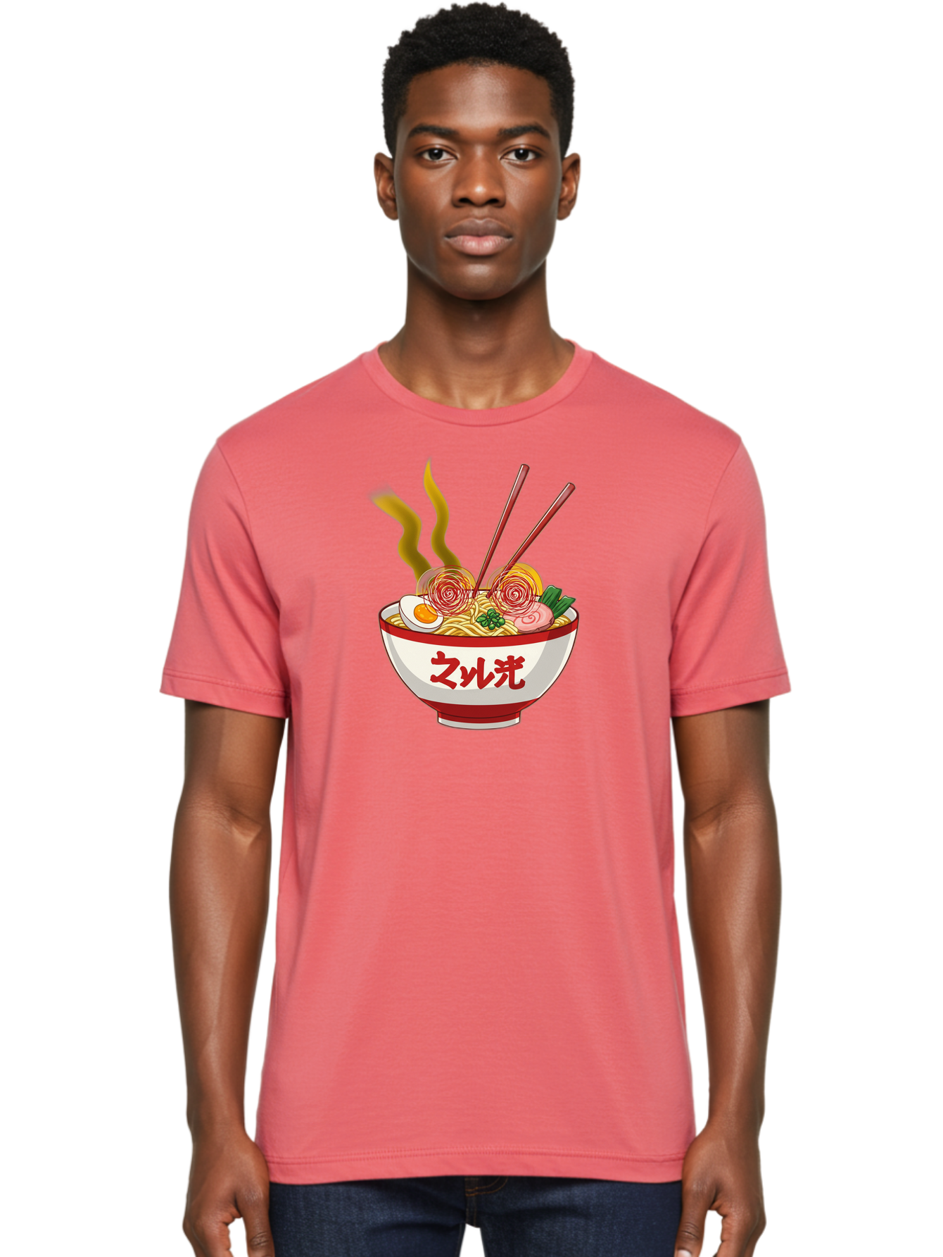 Null-Guang-Ramen Men'S Graphic Tee, 100% Cotton, Comfortable Casual Summer Wear, Machine Washable, Steaming Hot Ramen, Japanese Noodle Soup, Savory Broth, Boiled Egg, Sliced Pork, Green Onions, Chopsticks, Naruto Swirls, Delicious Meal, Bab048