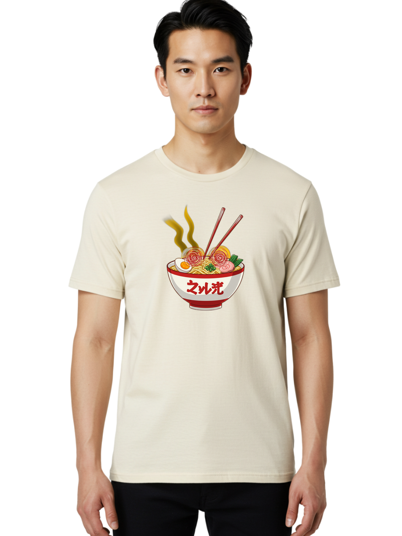 Null-Guang-Ramen Men'S Graphic Tee, 100% Cotton, Comfortable Casual Summer Wear, Machine Washable, Steaming Hot Ramen, Japanese Noodle Soup, Savory Broth, Boiled Egg, Sliced Pork, Green Onions, Chopsticks, Naruto Swirls, Delicious Meal, Bab048