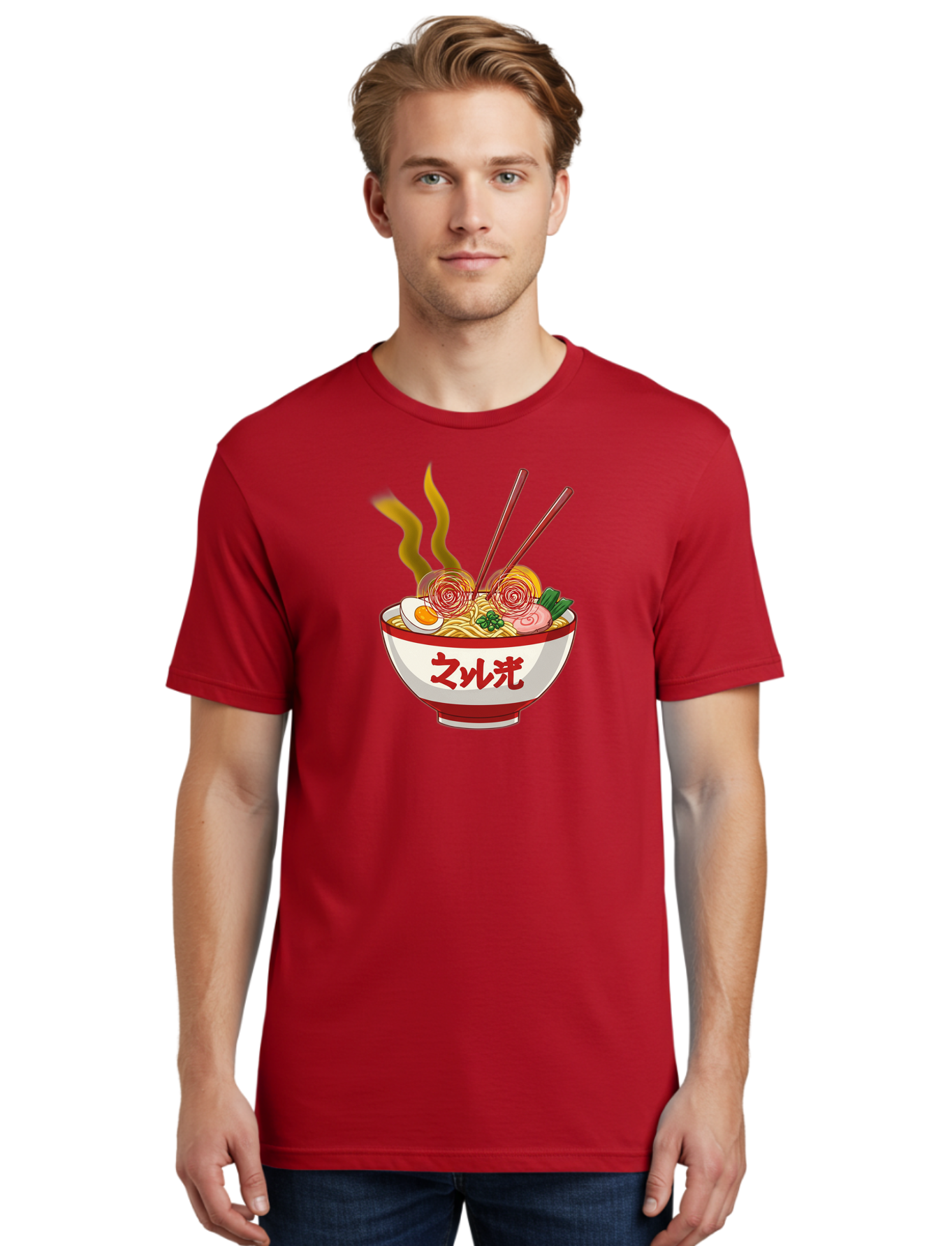 Null-Guang-Ramen Men'S Graphic Tee, 100% Cotton, Comfortable Casual Summer Wear, Machine Washable, Steaming Hot Ramen, Japanese Noodle Soup, Savory Broth, Boiled Egg, Sliced Pork, Green Onions, Chopsticks, Naruto Swirls, Delicious Meal, Bab048
