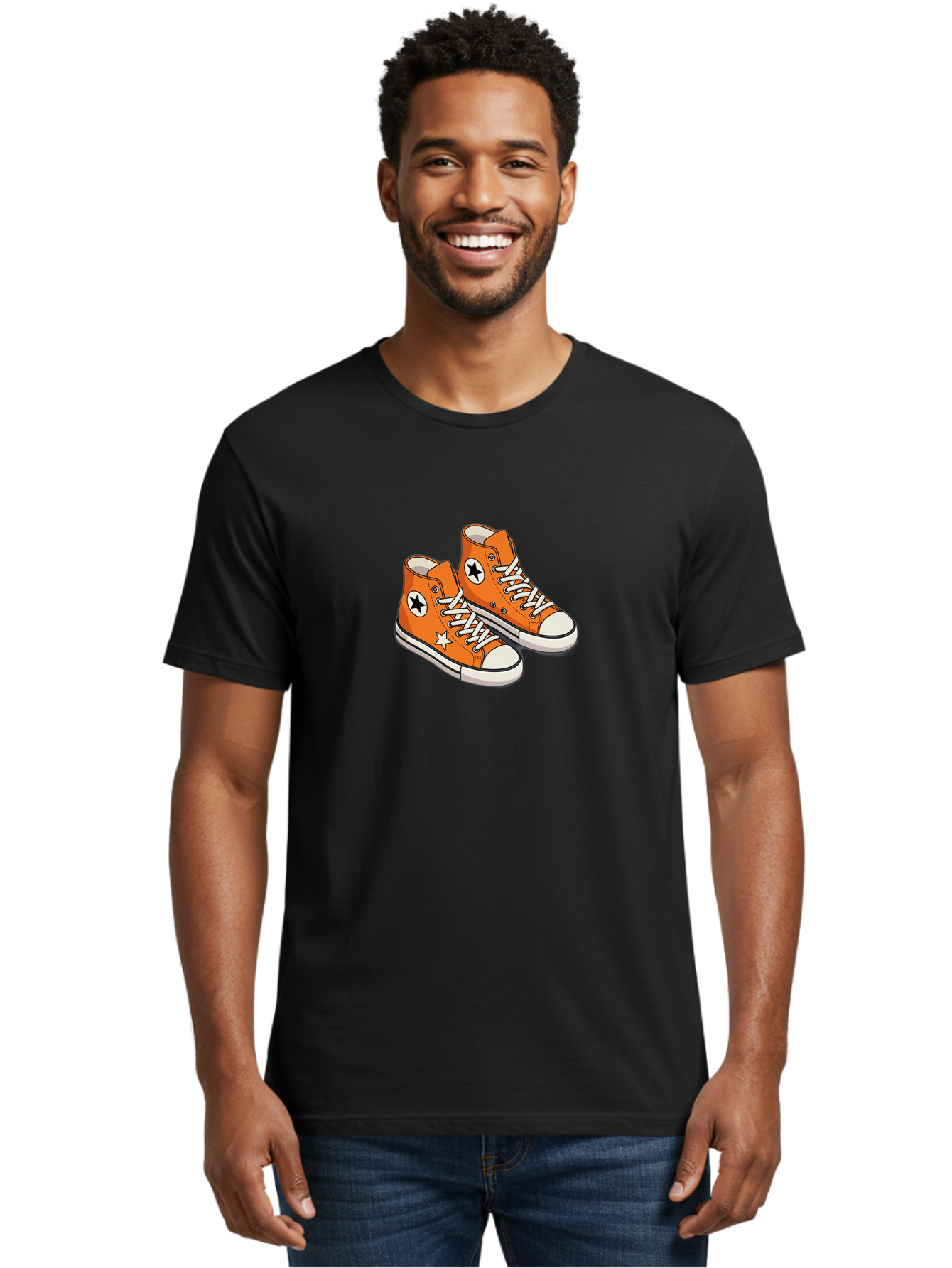 Orange-High-Tops Men'S Graphic Tee, 100% Cotton, Comfortable Casual Summer Wear, Machine Washable, Orange Sneakers, White Laces, Black Star Logo, White Star, Casual Footwear, Comfortable Shoes, Athletic Wear, Fashion Sneakers, Street Style Bab055