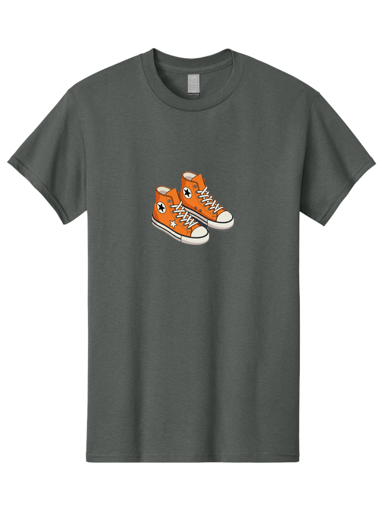 Orange-High-Tops Men'S Graphic Tee, 100% Cotton, Comfortable Casual Summer Wear, Machine Washable, Orange Sneakers, White Laces, Black Star Logo, White Star, Casual Footwear, Comfortable Shoes, Athletic Wear, Fashion Sneakers, Street Style Bab055