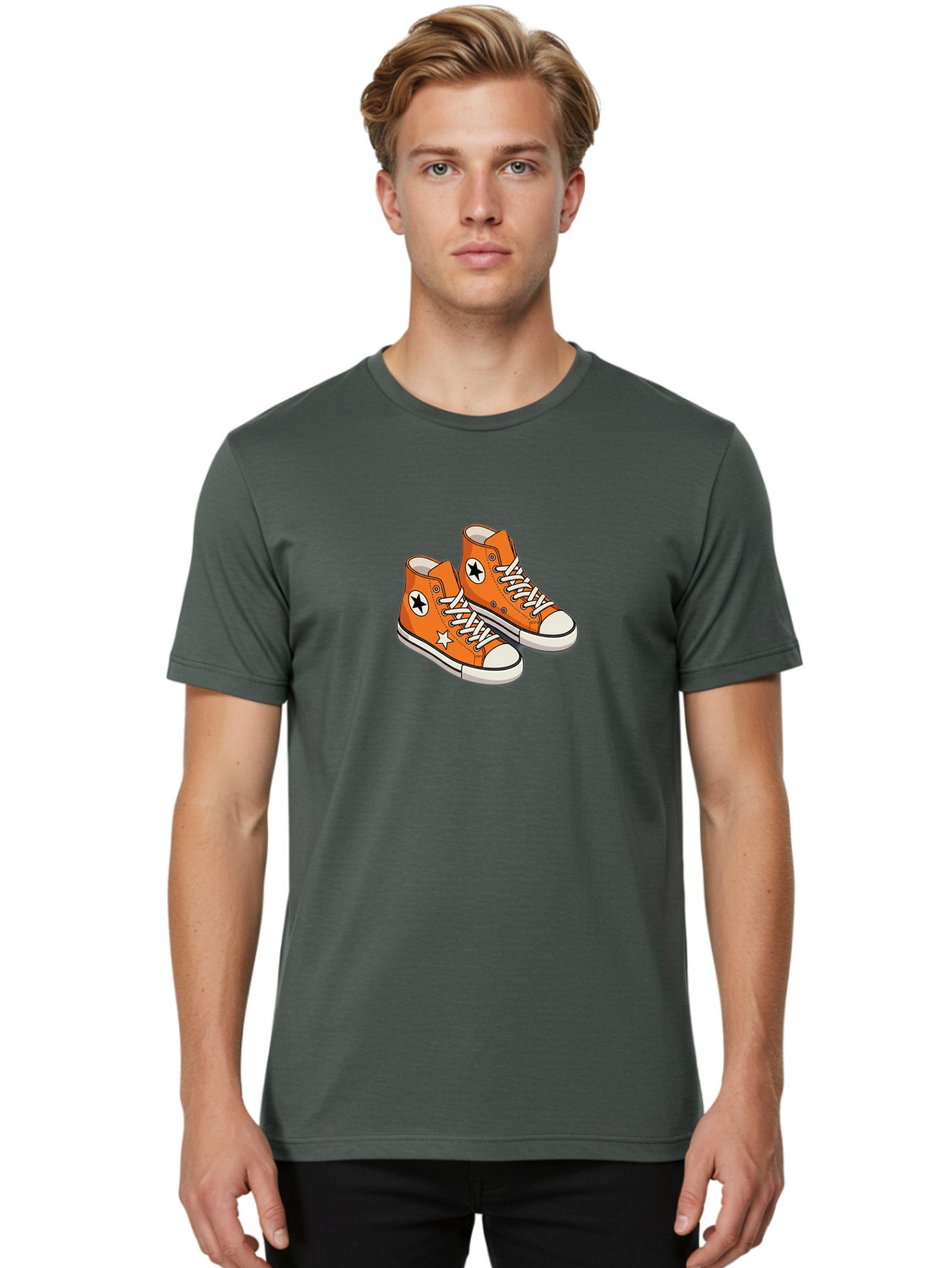 Orange-High-Tops Men'S Graphic Tee, 100% Cotton, Comfortable Casual Summer Wear, Machine Washable, Orange Sneakers, White Laces, Black Star Logo, White Star, Casual Footwear, Comfortable Shoes, Athletic Wear, Fashion Sneakers, Street Style Bab055