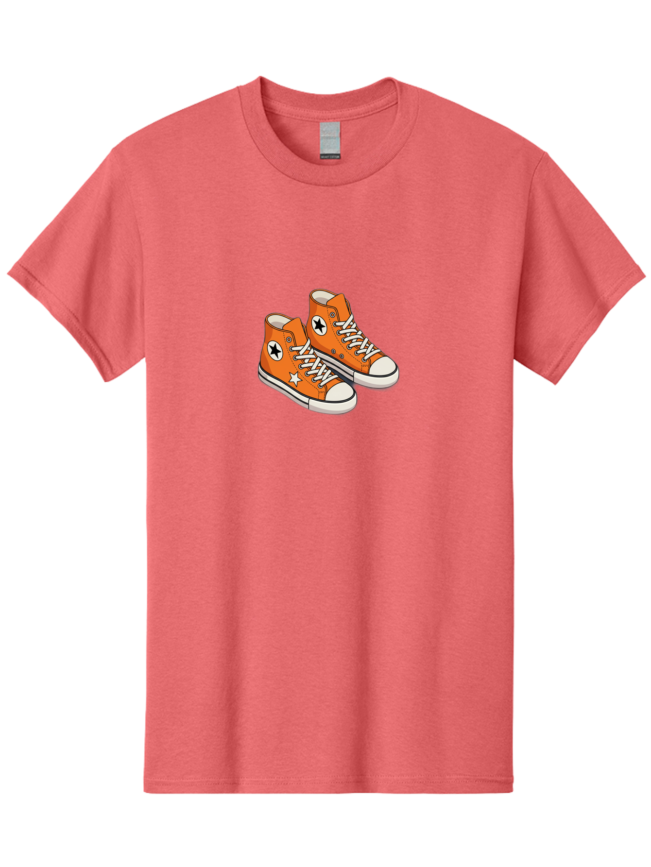 Orange-High-Tops Men'S Graphic Tee, 100% Cotton, Comfortable Casual Summer Wear, Machine Washable, Orange Sneakers, White Laces, Black Star Logo, White Star, Casual Footwear, Comfortable Shoes, Athletic Wear, Fashion Sneakers, Street Style Bab055
