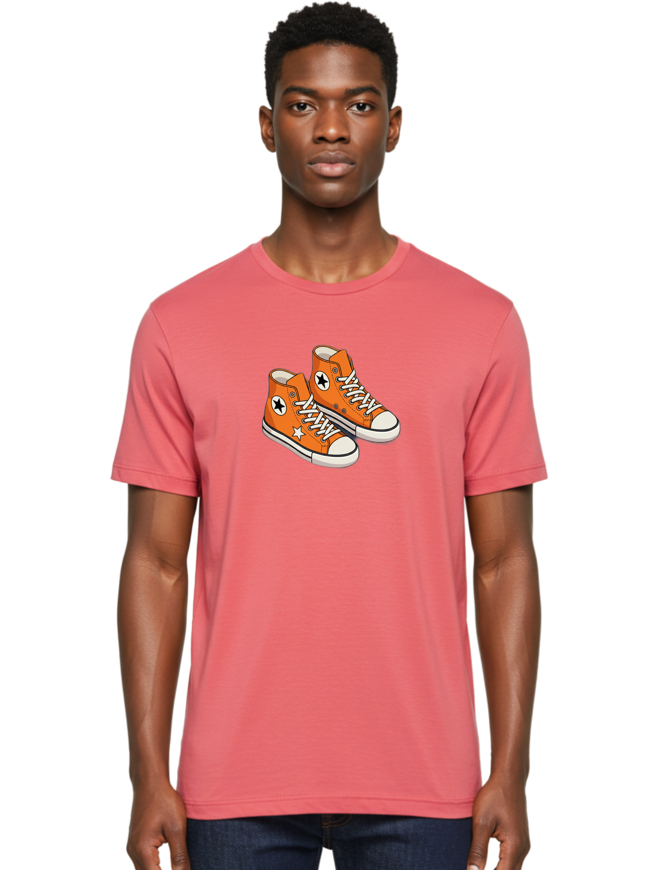 Orange-High-Tops Men'S Graphic Tee, 100% Cotton, Comfortable Casual Summer Wear, Machine Washable, Orange Sneakers, White Laces, Black Star Logo, White Star, Casual Footwear, Comfortable Shoes, Athletic Wear, Fashion Sneakers, Street Style Bab055