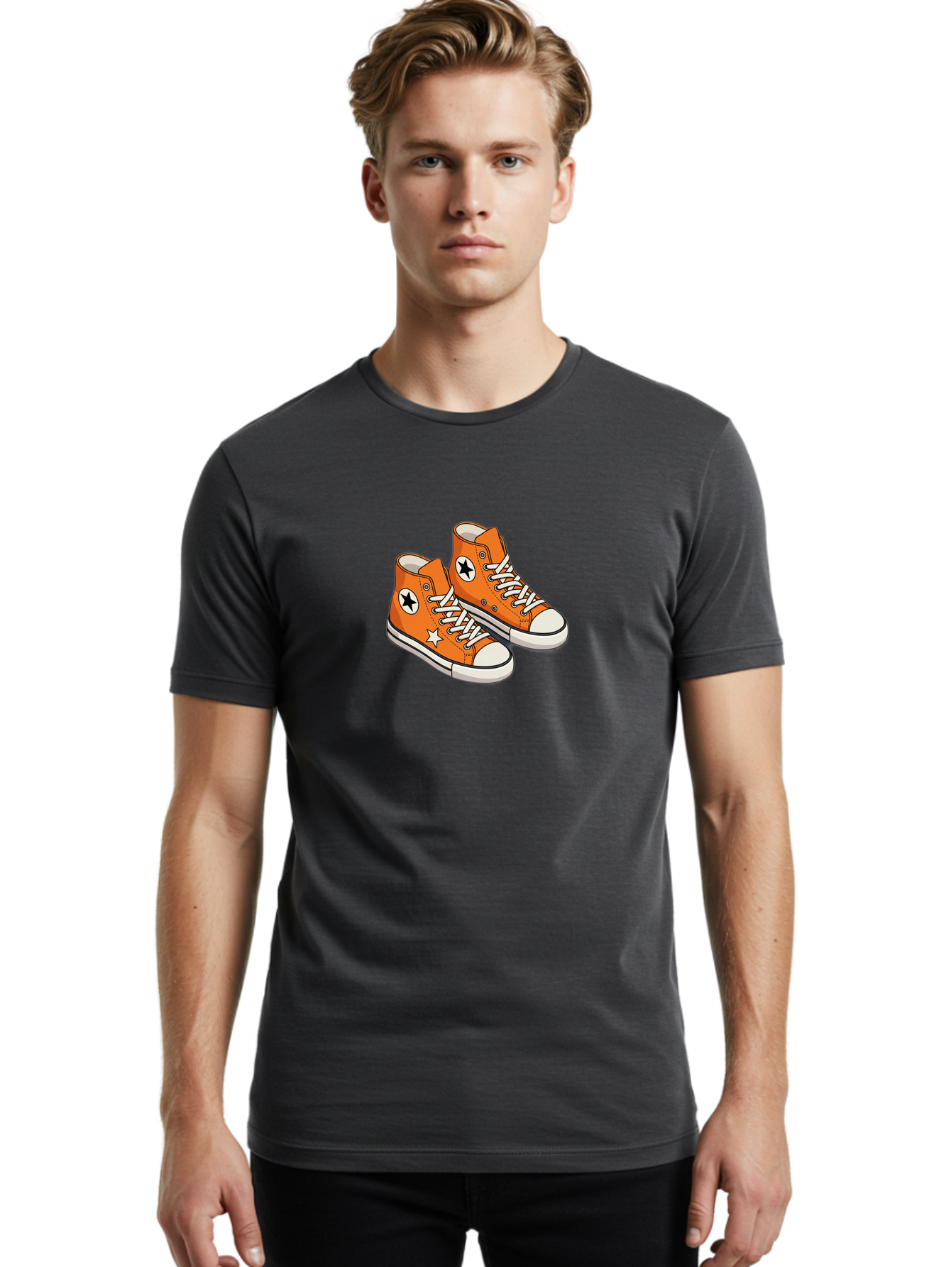 Orange-High-Tops Men'S Graphic Tee, 100% Cotton, Comfortable Casual Summer Wear, Machine Washable, Orange Sneakers, White Laces, Black Star Logo, White Star, Casual Footwear, Comfortable Shoes, Athletic Wear, Fashion Sneakers, Street Style Bab055