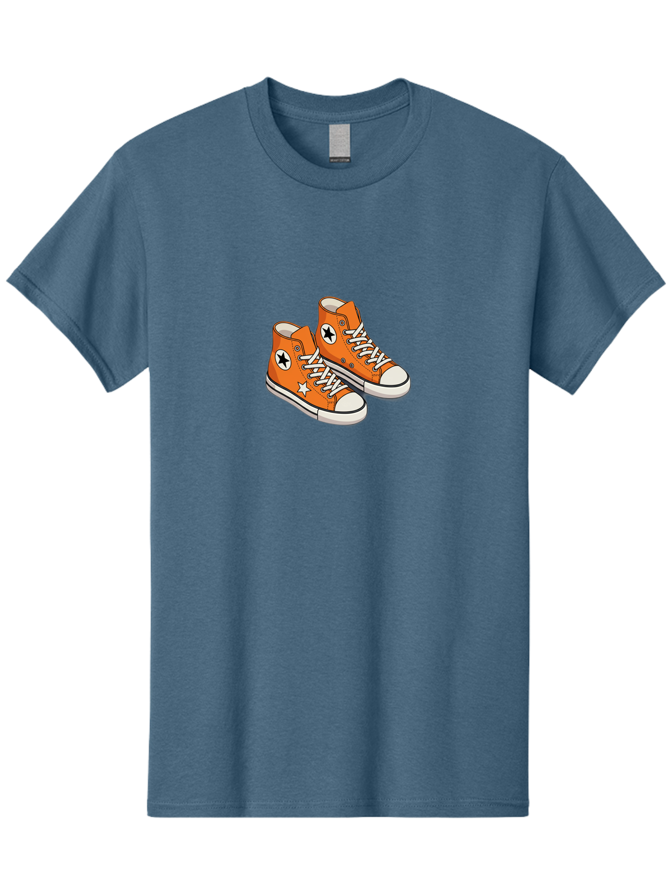 Orange-High-Tops Men'S Graphic Tee, 100% Cotton, Comfortable Casual Summer Wear, Machine Washable, Orange Sneakers, White Laces, Black Star Logo, White Star, Casual Footwear, Comfortable Shoes, Athletic Wear, Fashion Sneakers, Street Style Bab055