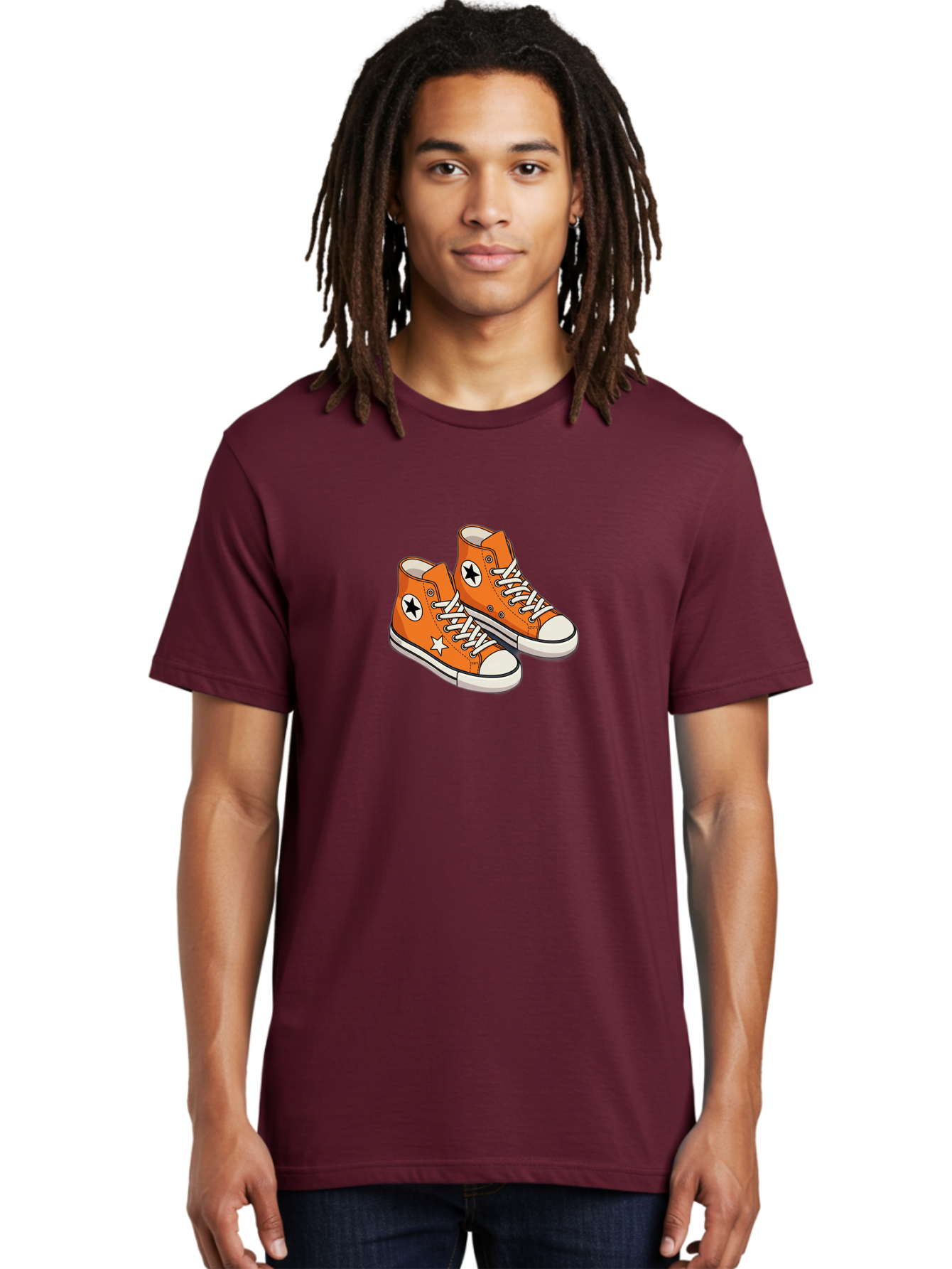 Orange-High-Tops Men'S Graphic Tee, 100% Cotton, Comfortable Casual Summer Wear, Machine Washable, Orange Sneakers, White Laces, Black Star Logo, White Star, Casual Footwear, Comfortable Shoes, Athletic Wear, Fashion Sneakers, Street Style Bab055
