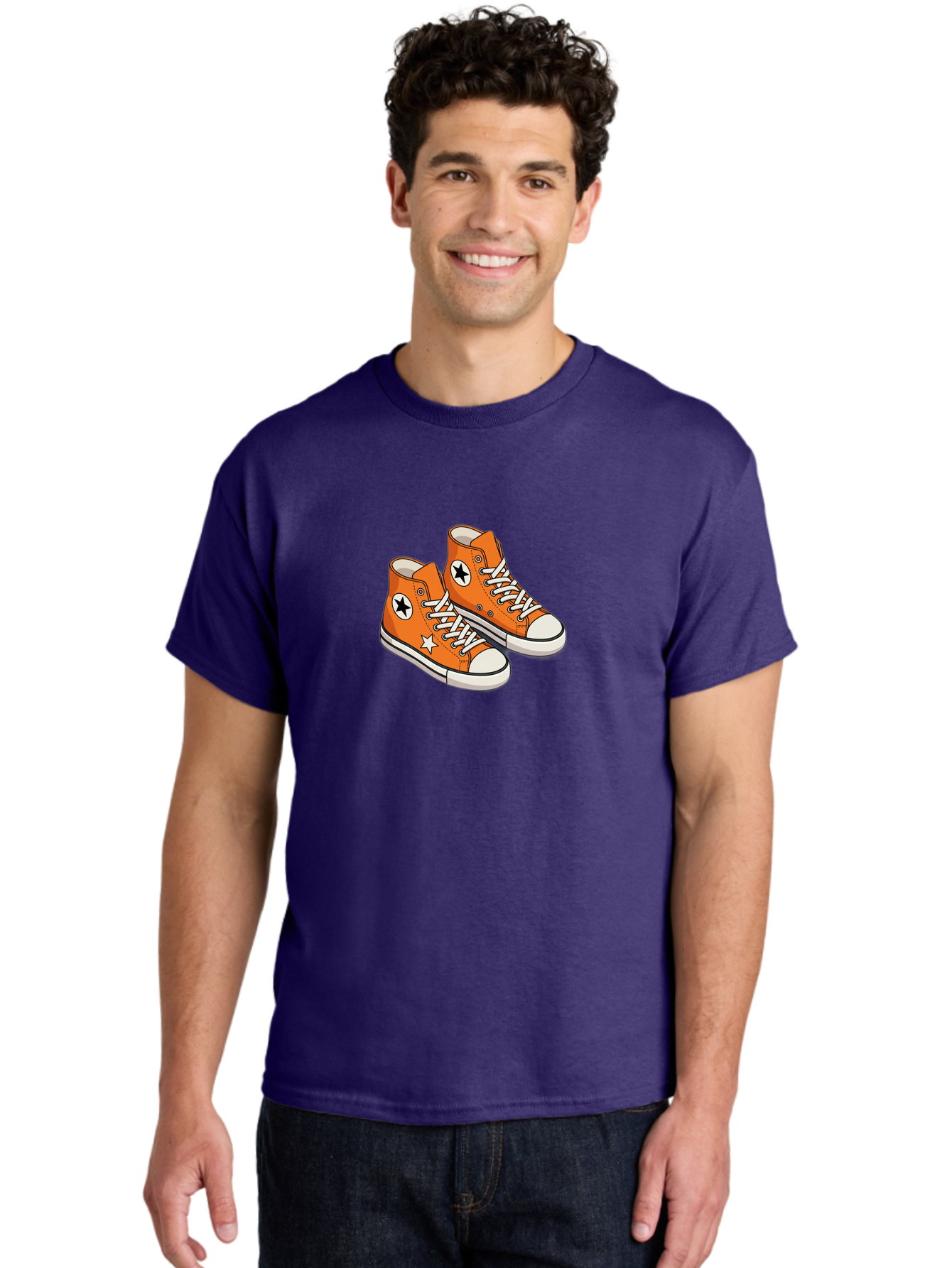 Orange-High-Tops Men'S Graphic Tee, 100% Cotton, Comfortable Casual Summer Wear, Machine Washable, Orange Sneakers, White Laces, Black Star Logo, White Star, Casual Footwear, Comfortable Shoes, Athletic Wear, Fashion Sneakers, Street Style Bab055
